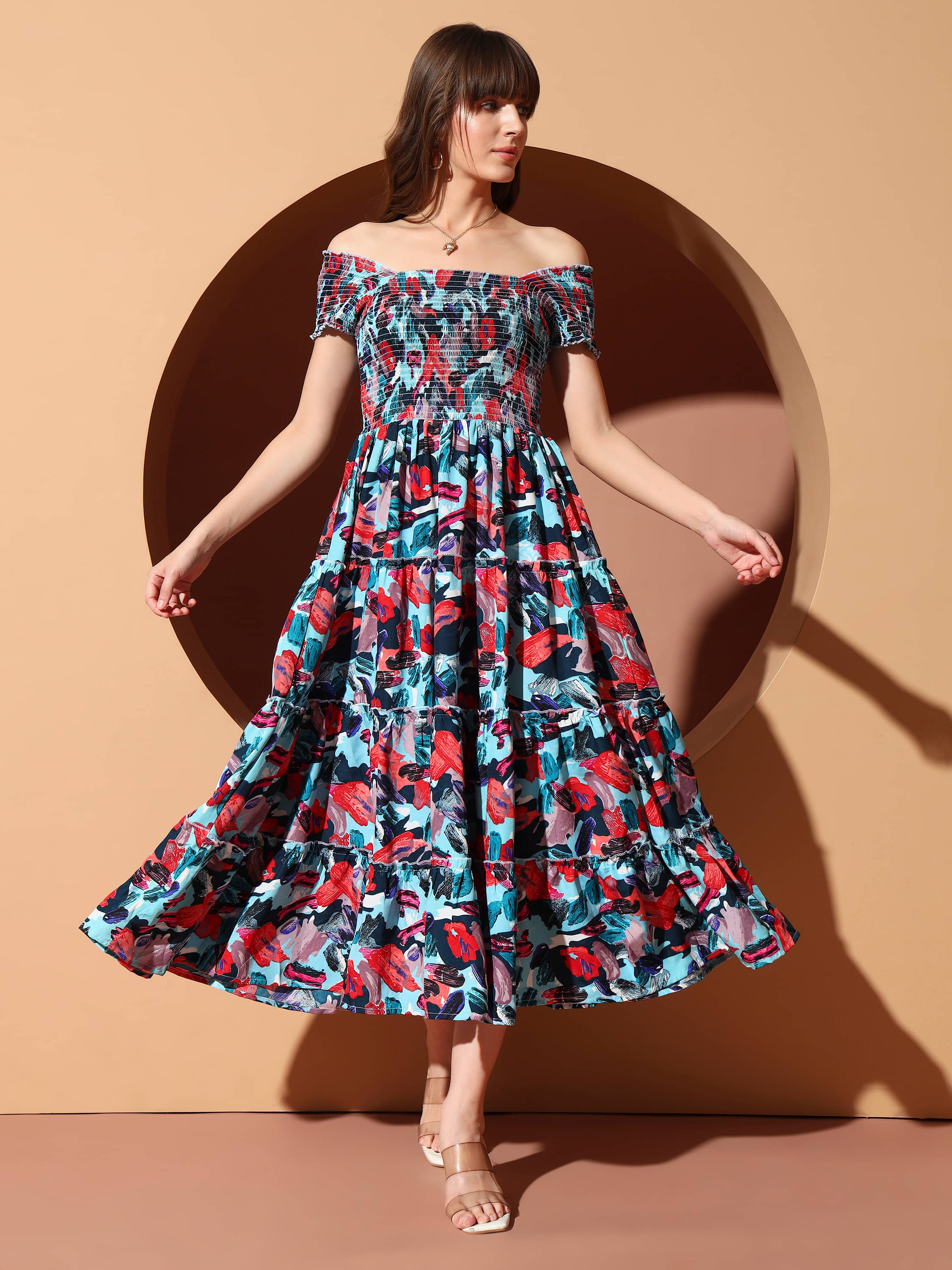     			OTABU Women Polyester Printed A-line Dress ( Blue )