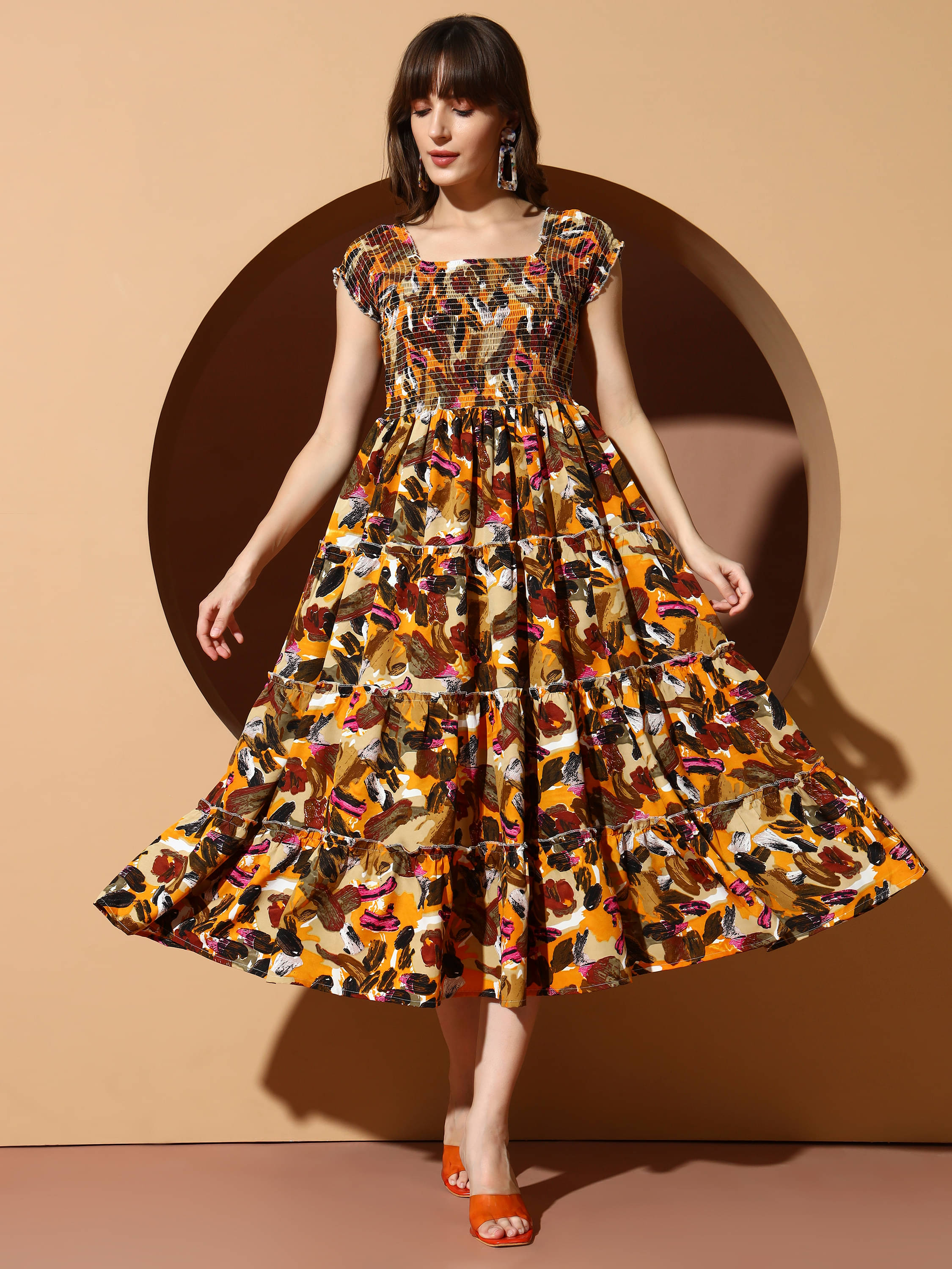 ZWERLON Women Polyester Printed A-line Dress ( Coffee ) ZWERLON Women Polyester Printed A-line Dress ( Coffee )