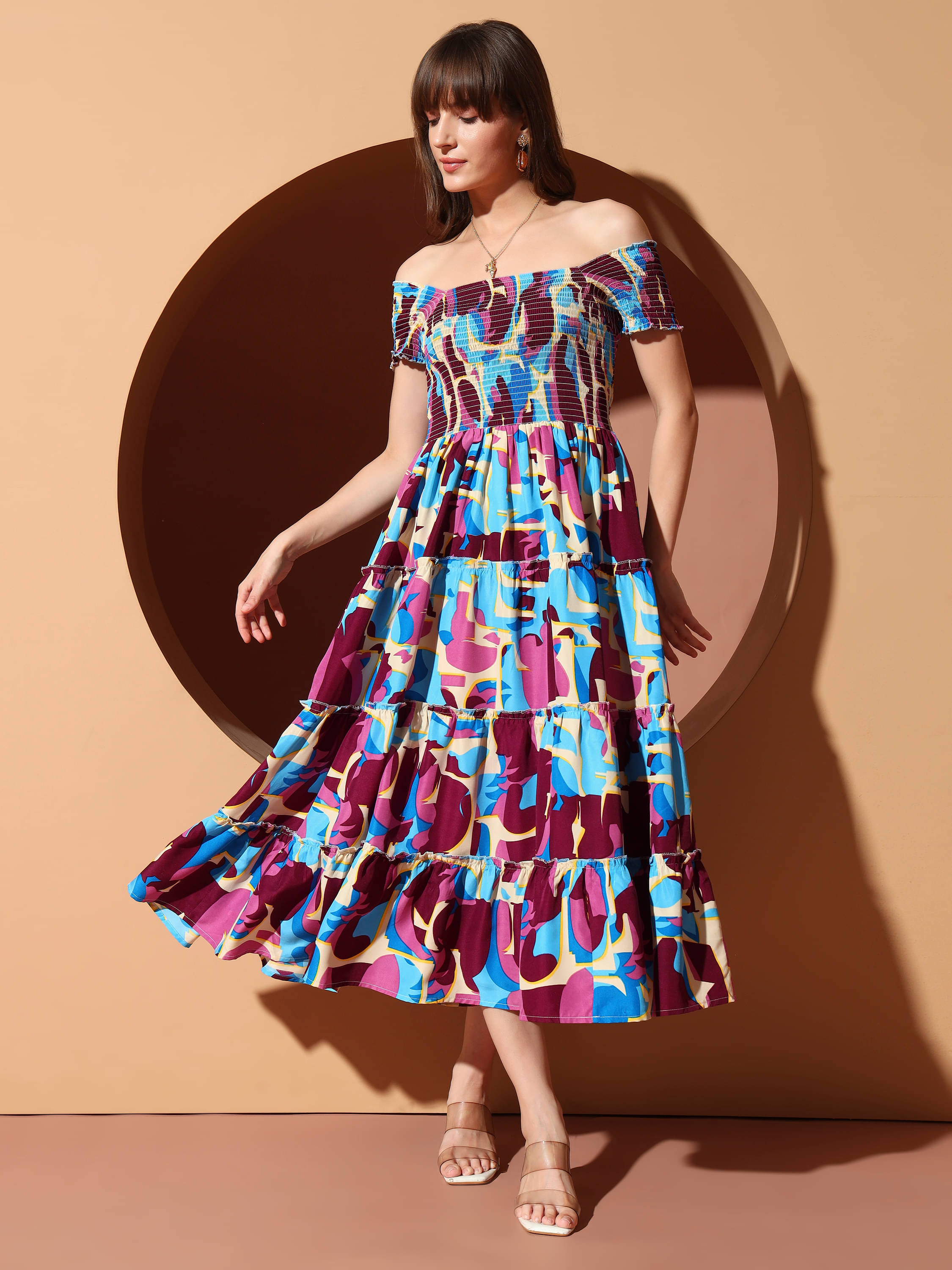 ZWERLON Women Polyester Printed Fit & Flare Dress ( Purple )     			ZWERLON Women Polyester Printed Fit & Flare Dress ( Purple )