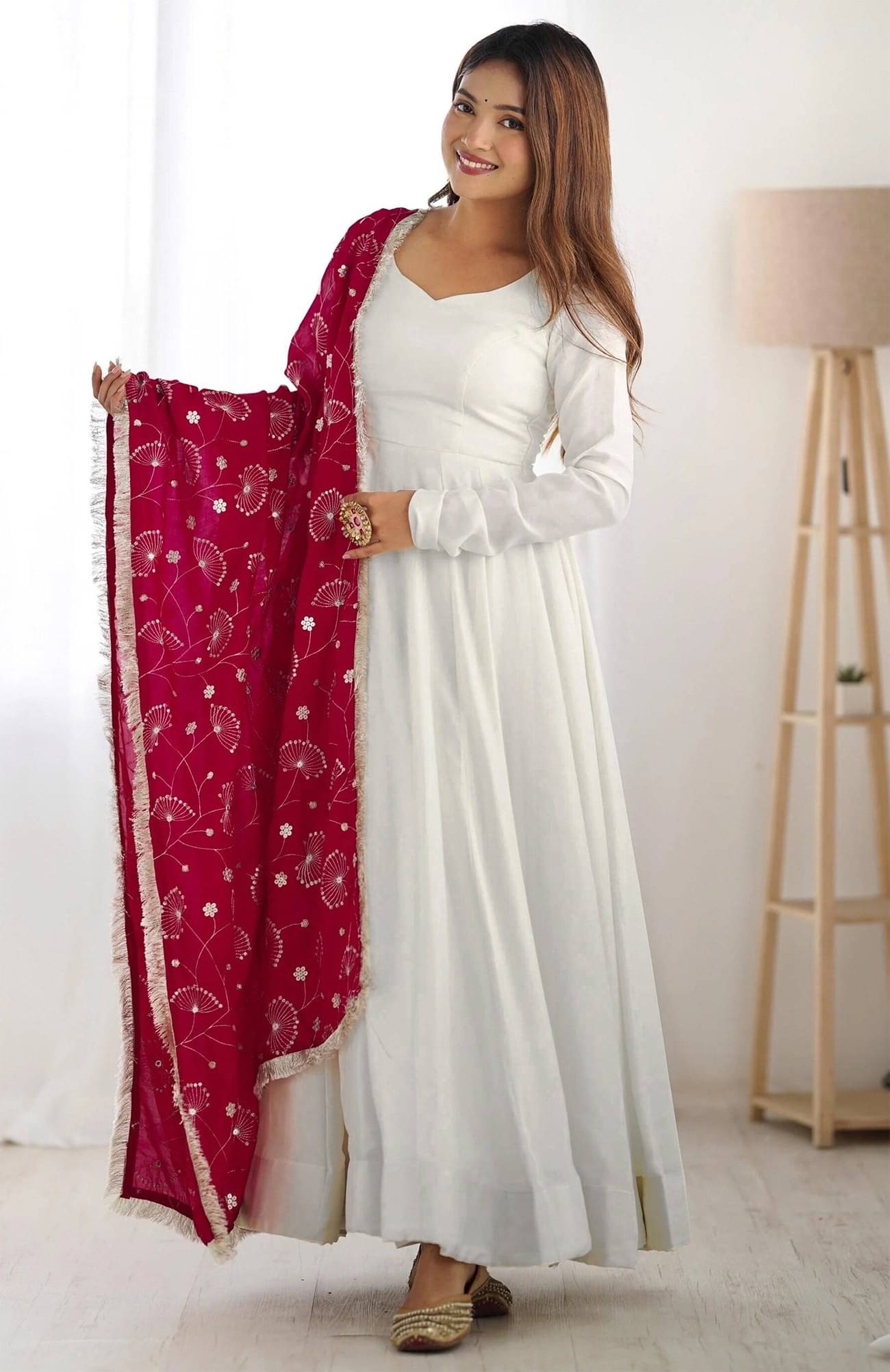     			aplix Women Georgette Flared Stitched Ethnic Gown ( White )