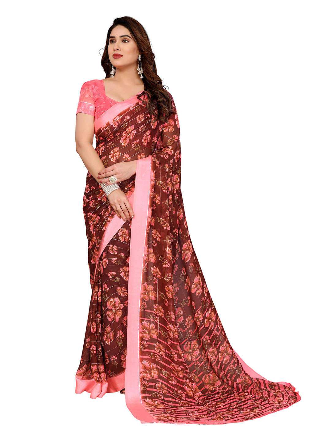     			ANAND SAREES Georgette Printed Ilkal Saree With Unstitched Blouse Piece ( Brown )