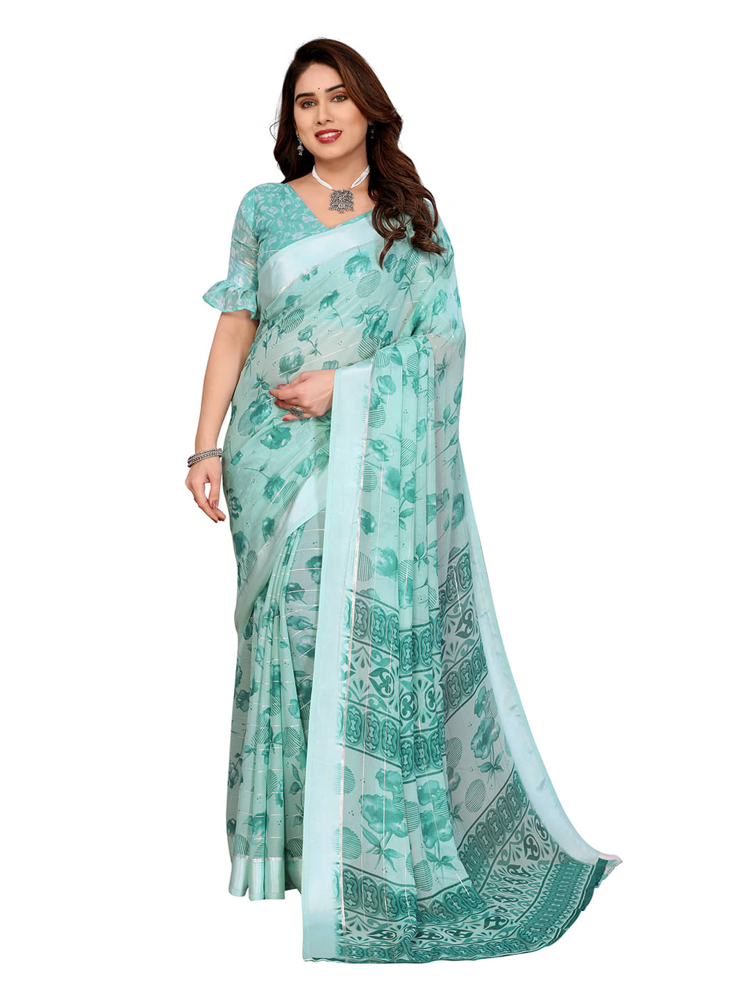 ANAND SAREES Georgette Printed Ilkal Saree With Unstitched Blouse Piece ( Rama )     			ANAND SAREES Georgette Printed Ilkal Saree With Unstitched Blouse Piece ( Rama )