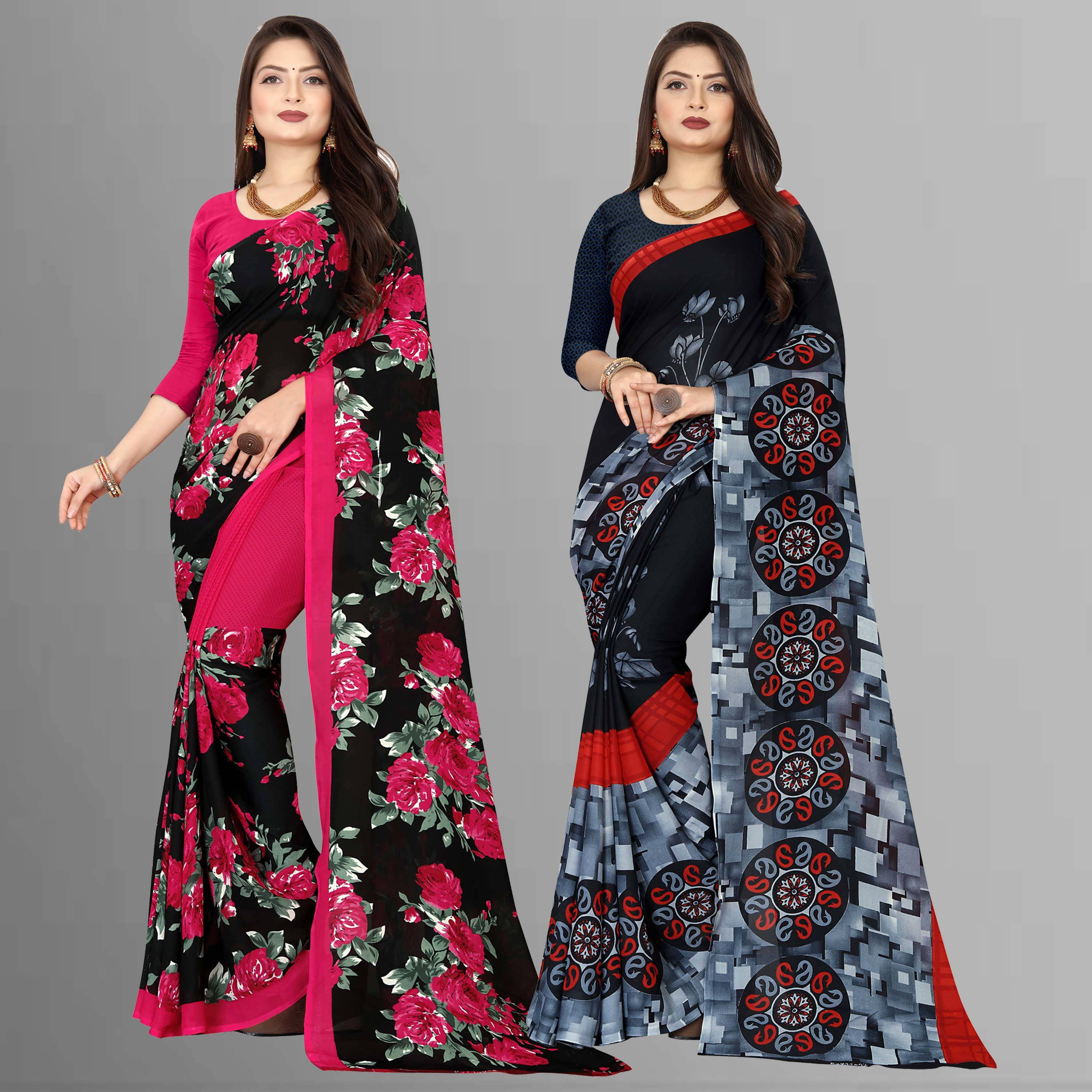 ANAND SAREES Georgette Printed Regular Saree With Unstitched Blouse Piece ( Black ) ANAND SAREES Georgette Printed Regular Saree With Unstitched Blouse Piece ( Black )