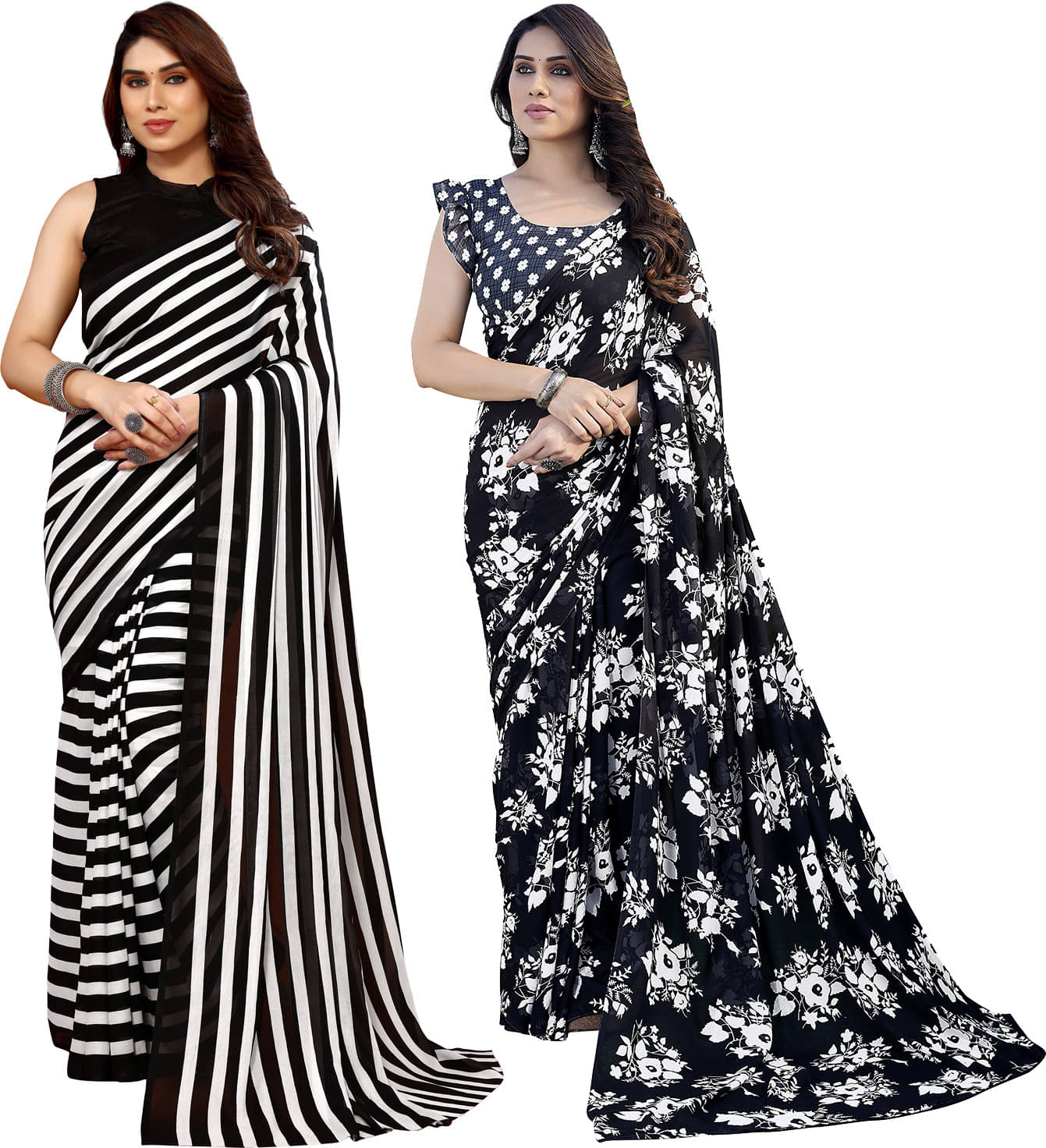 ANAND SAREES Georgette Printed Regular Saree With Unstitched Blouse Piece ( Black )     			ANAND SAREES Georgette Printed Regular Saree With Unstitched Blouse Piece ( Black )