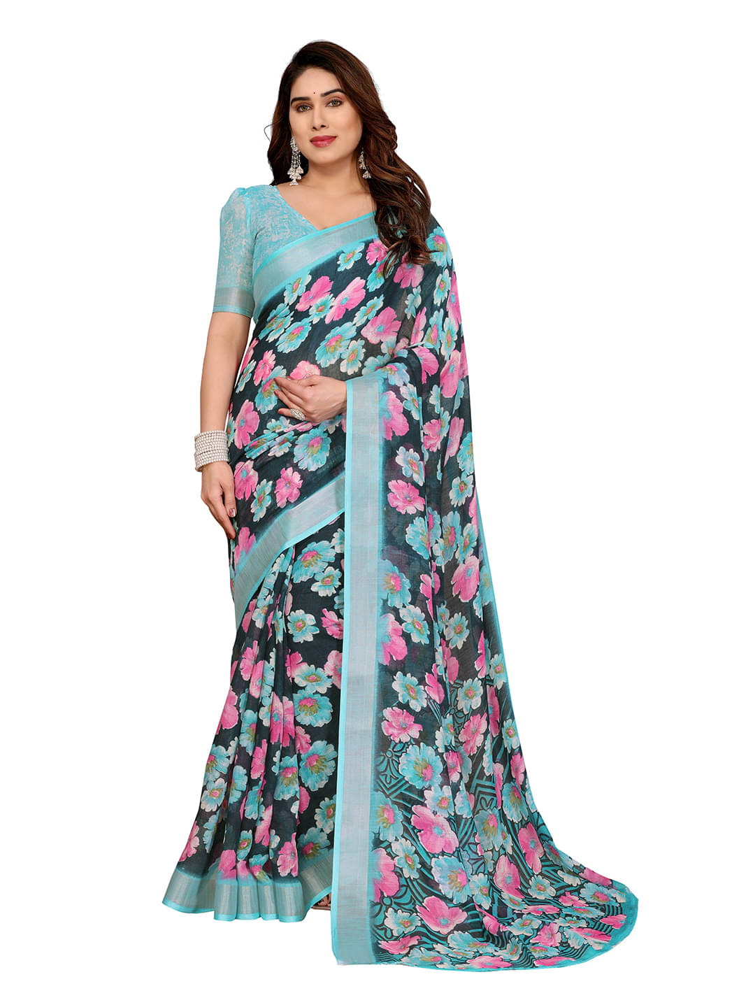     			ANAND SAREES Linen Printed Ilkal Saree With Unstitched Blouse Piece ( Green )