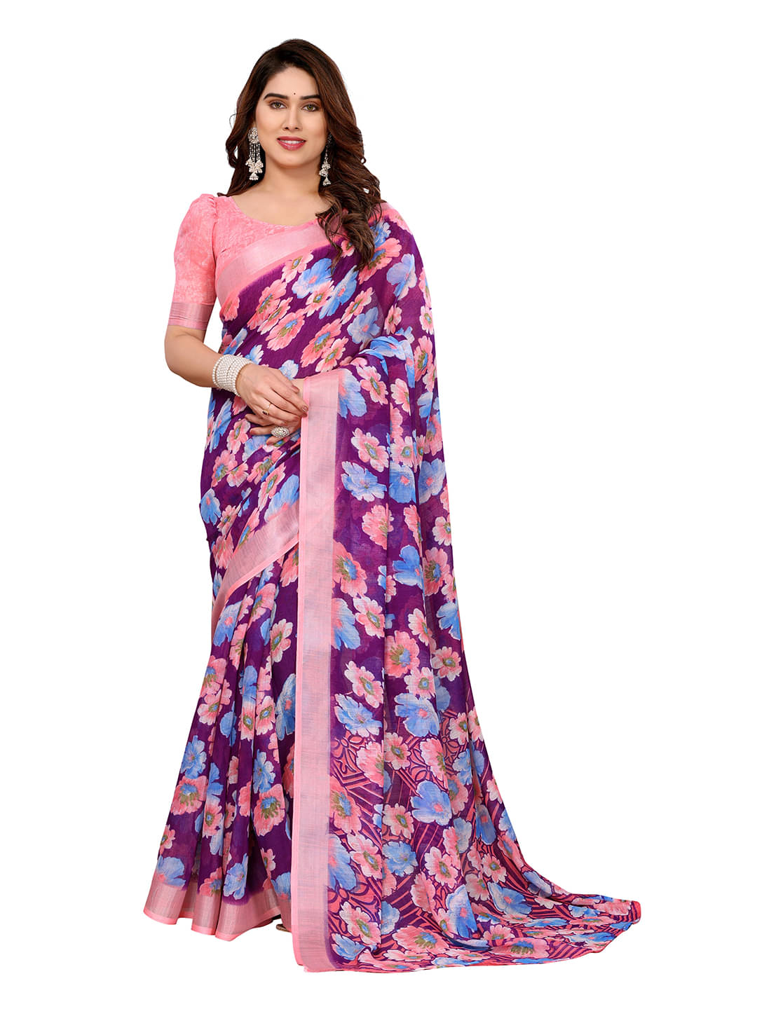     			ANAND SAREES Linen Printed Ilkal Saree With Unstitched Blouse Piece ( Purple )