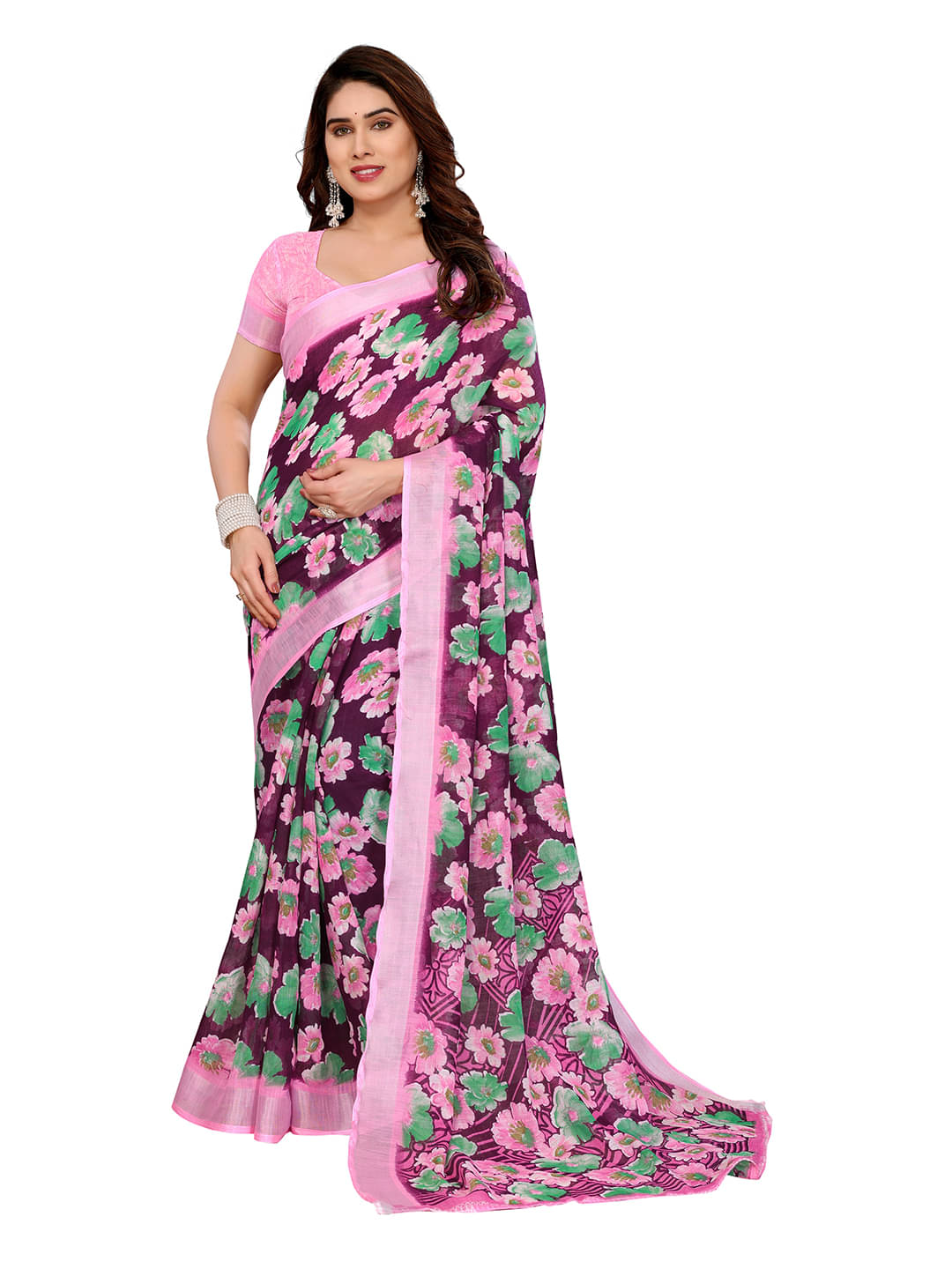     			ANAND SAREES Linen Printed Ilkal Saree With Unstitched Blouse Piece ( Wine )