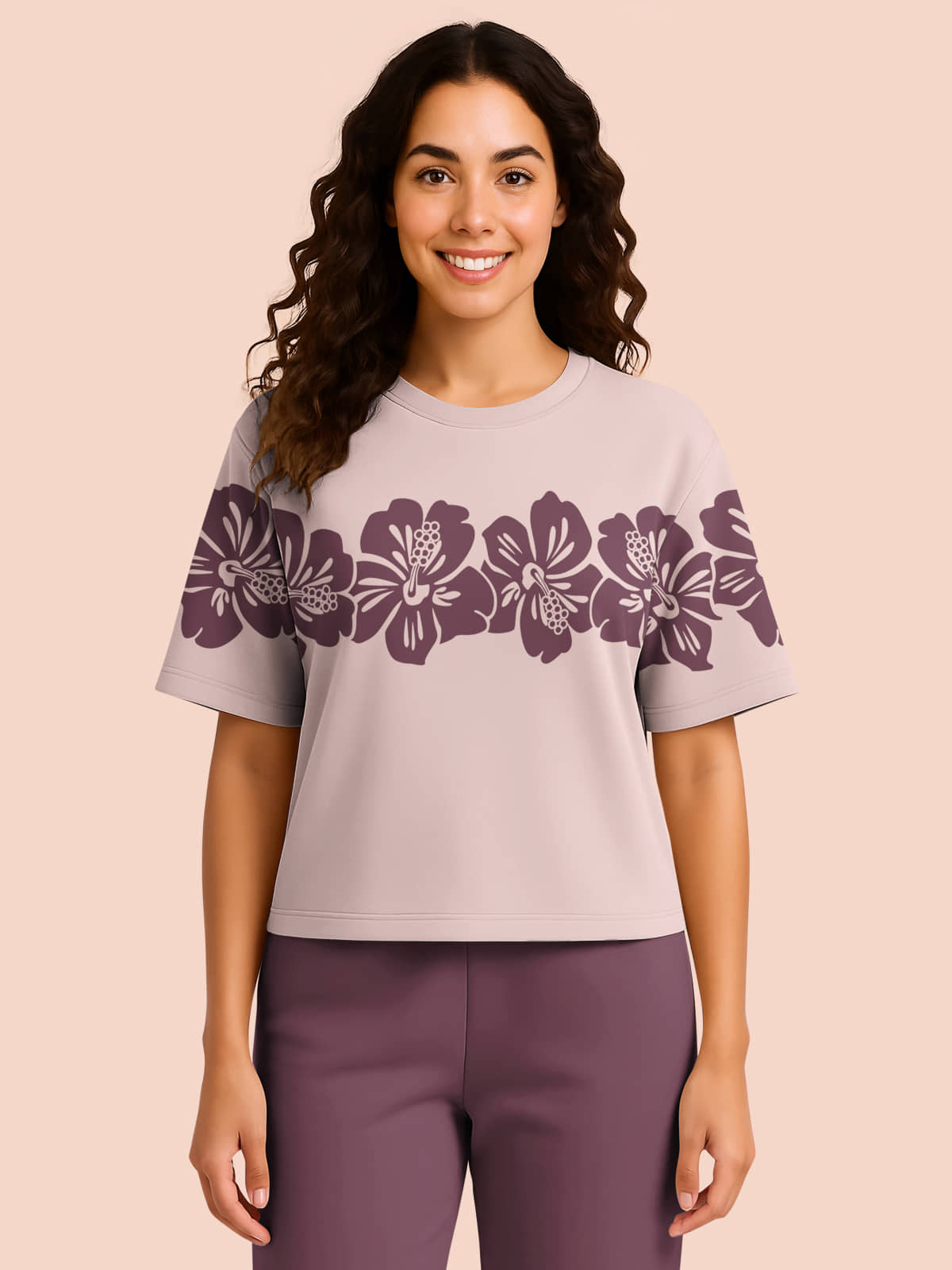 HELLCAT Trendy Printed Oversized Fit Crew-Neck Crop Tshirt for Women_Lavender