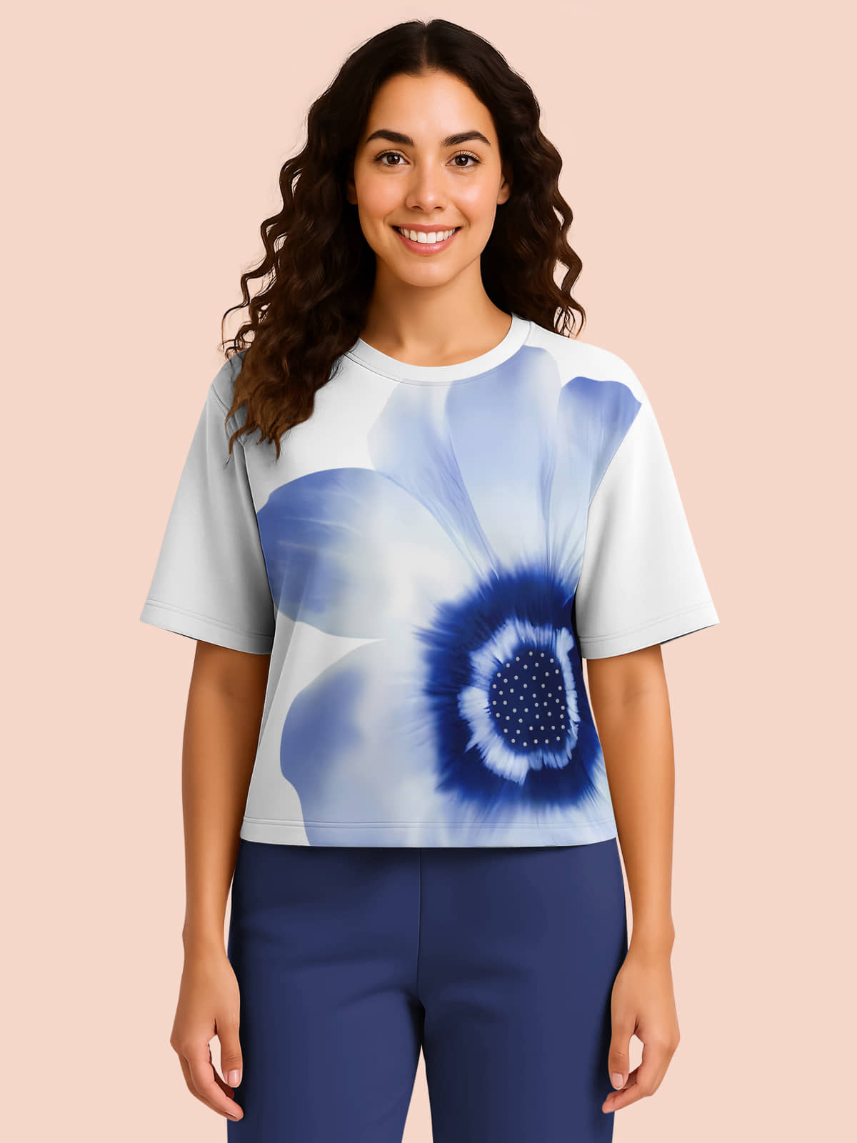 HELLCAT Trendy Printed Oversized Fit Crew-Neck Crop Tshirt for Women_Blue