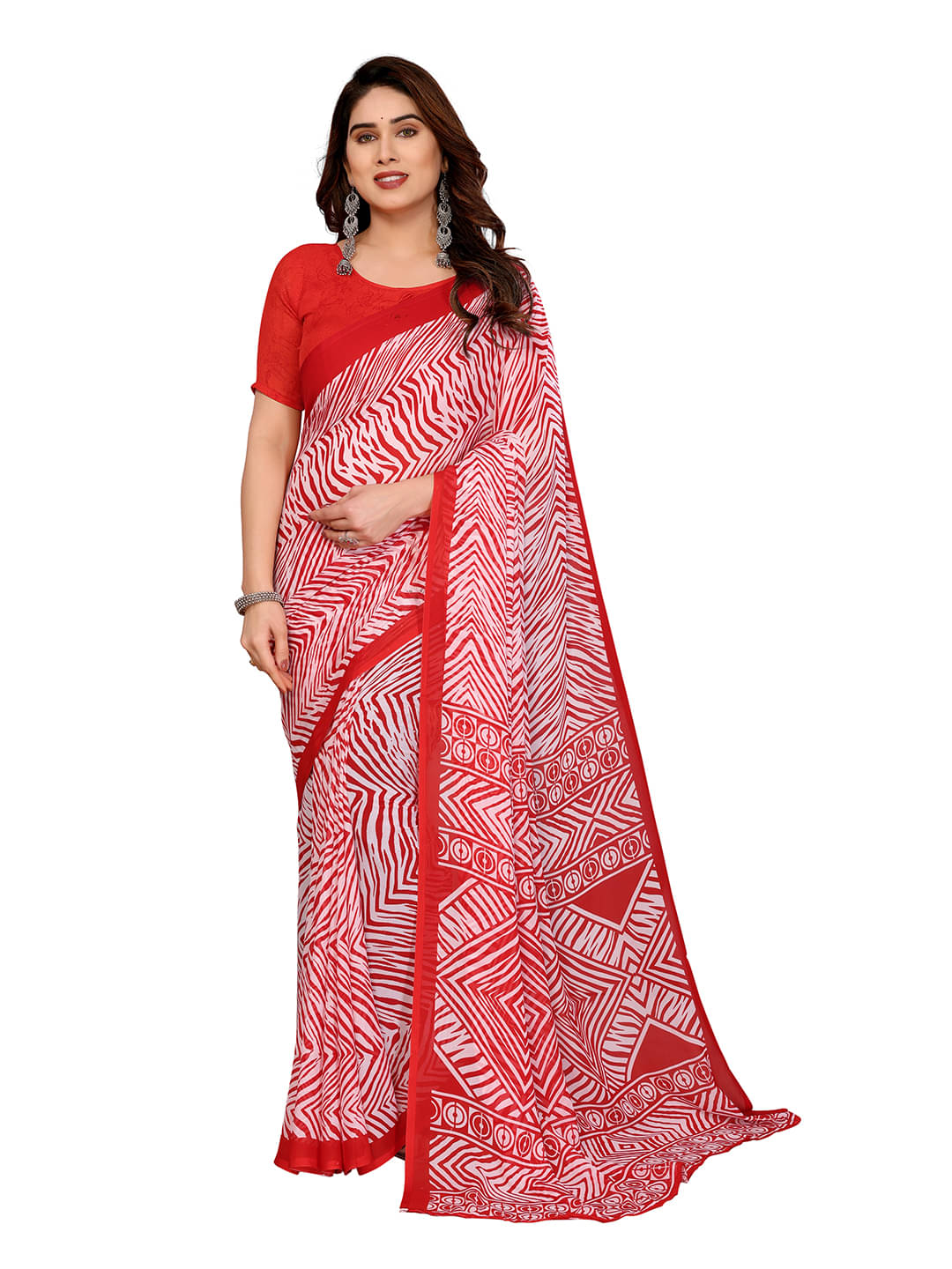     			Kashvi Sarees Georgette Printed Ilkal Saree With Unstitched Blouse Piece ( Red )
