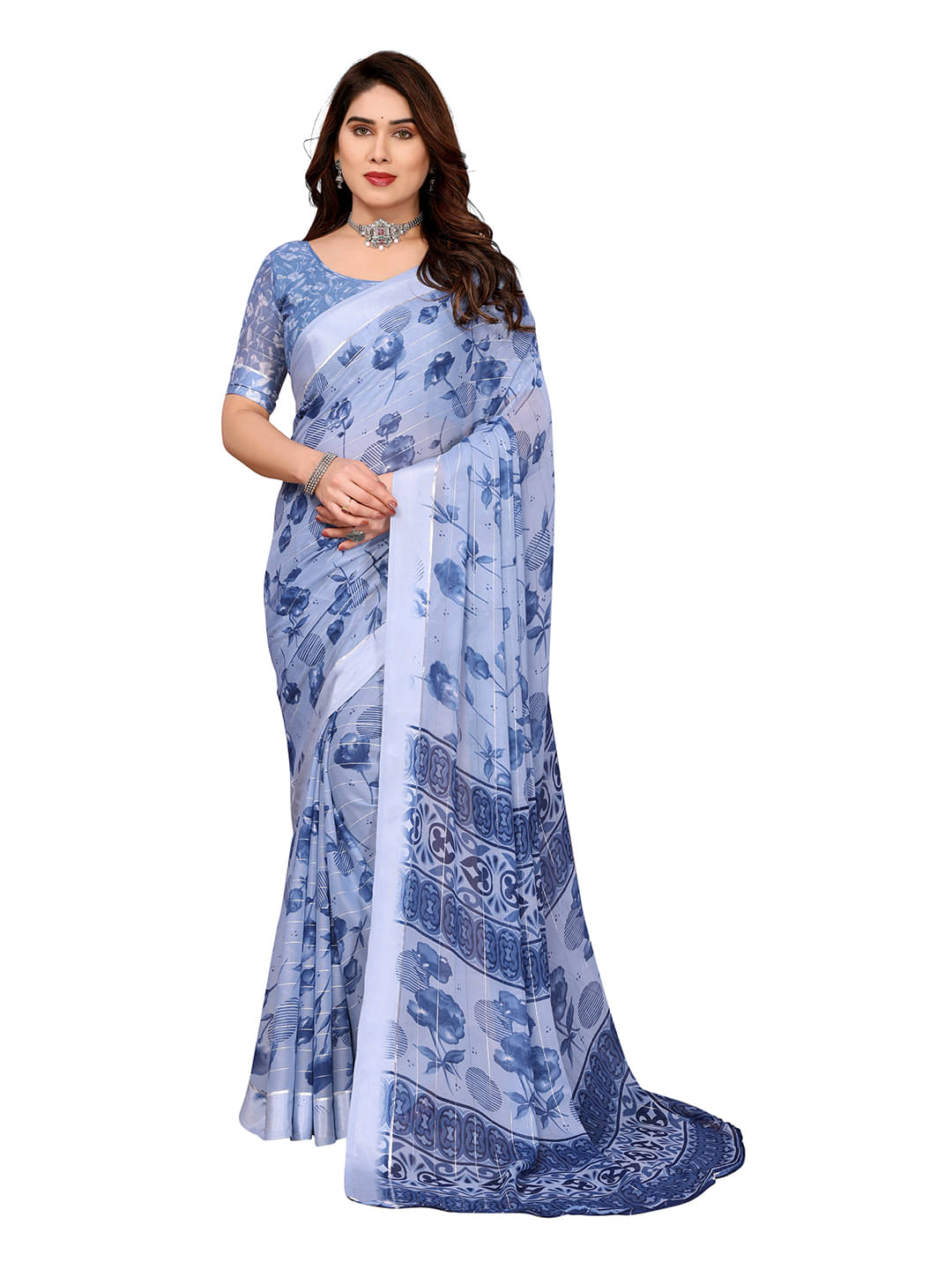     			Kashvi Sarees Georgette Printed Ilkal Saree With Unstitched Blouse Piece ( Blue )