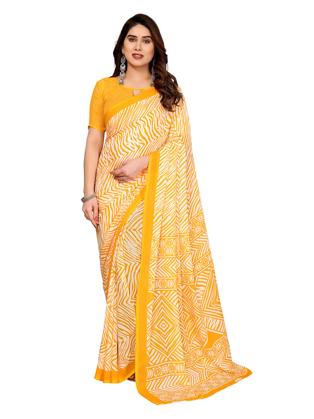    			Kashvi Sarees Georgette Printed Ilkal Saree With Unstitched Blouse Piece ( Yellow )