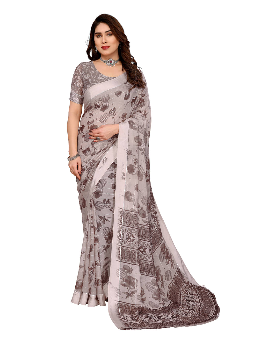     			Kashvi Sarees Georgette Printed Ilkal Saree With Unstitched Blouse Piece ( Brown )