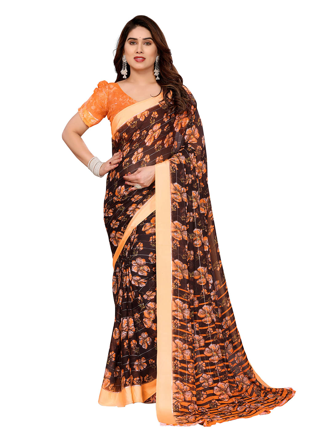     			Kashvi Sarees Georgette Printed Ilkal Saree With Unstitched Blouse Piece ( Coffee )