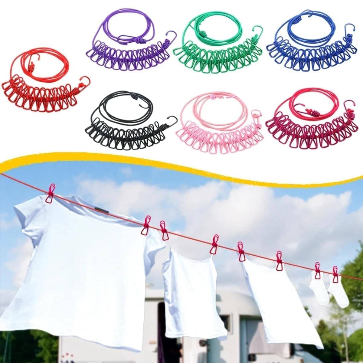 LOOTWAGON PACK OF 1 Cloth Drying Rope with Hooks - Elastic Hanging Rope for Travel, Home, and Outdoor Drying - Includes 12 Clips-Kapde Sukhane ki Rassi Wire - Multicolour LOOTWAGON PACK OF 1 Cloth Drying Rope with Hooks - Elastic Hanging Rope for Travel, Home, and Outdoor Drying - Includes 12 Clips-Kapde Sukhane ki Rassi Wire - Multicolour