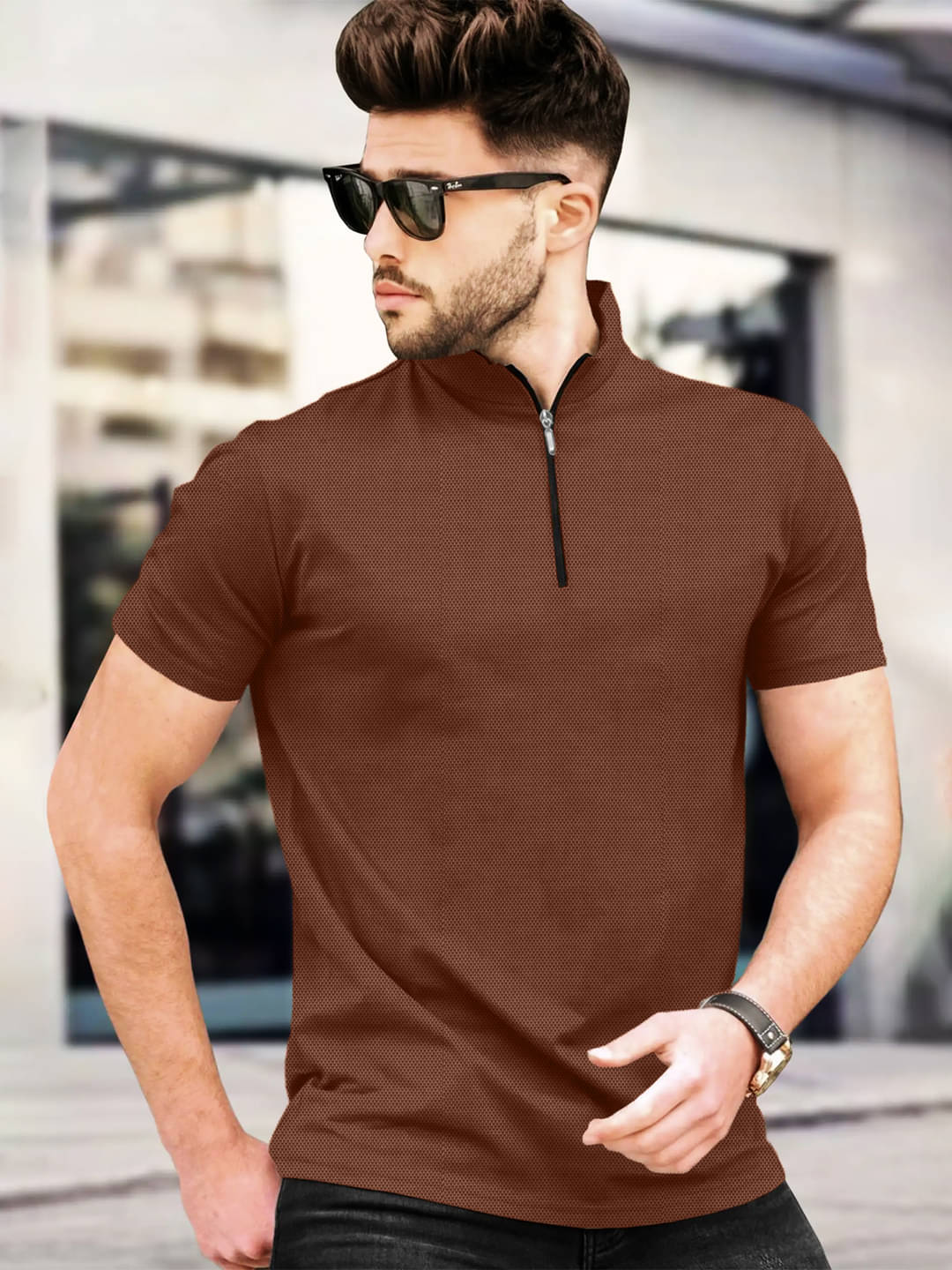     			Leotude Men Cotton Blend Regular Fit Solid Polo T Shirt ( Brown )