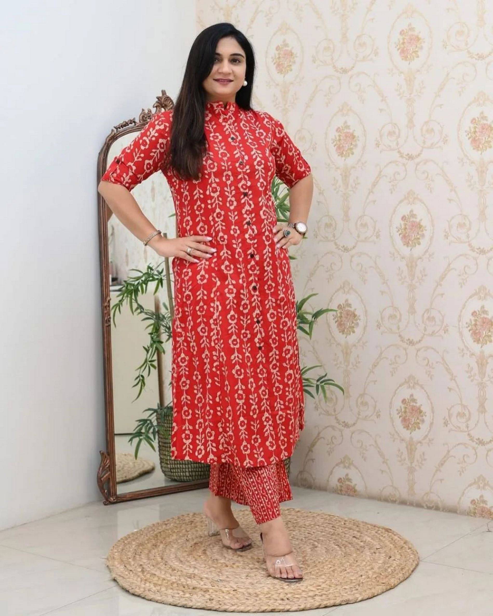 SRF JAIPR Women Cotton Printed Straight Kurti ( Red ) SRF JAIPR Women Cotton Printed Straight Kurti ( Red )