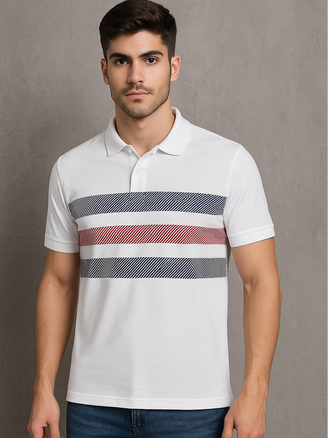     			AIN6 Men Polyester Regular Fit Printed Polo T Shirt ( White )