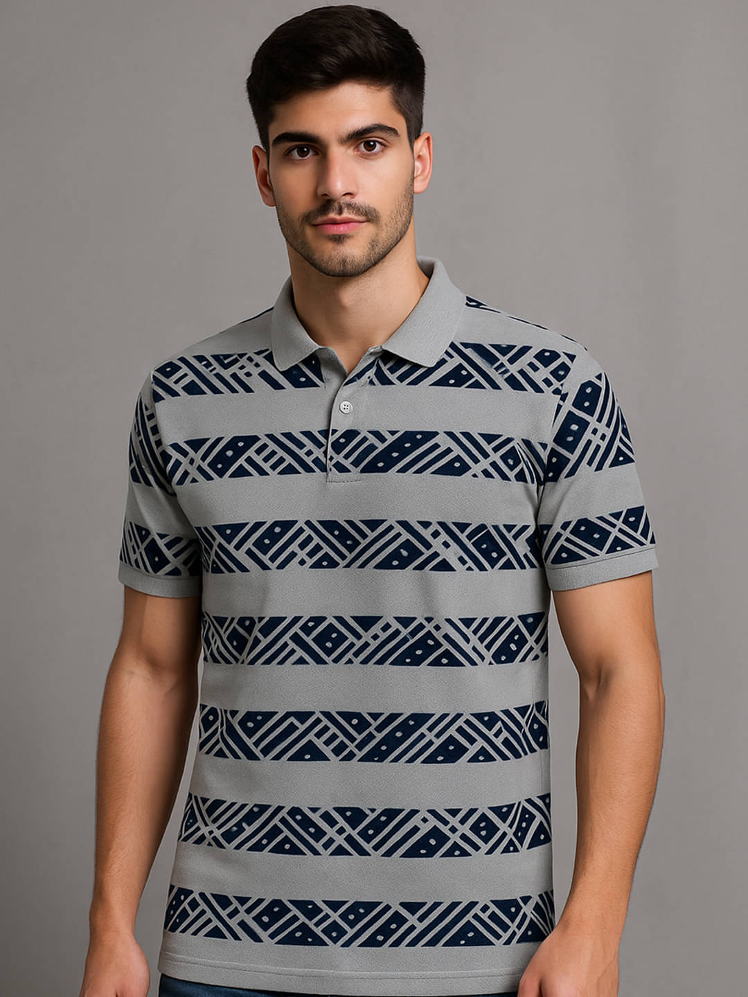     			AIN6 Men Polyester Regular Fit Printed Polo T Shirt ( Grey )