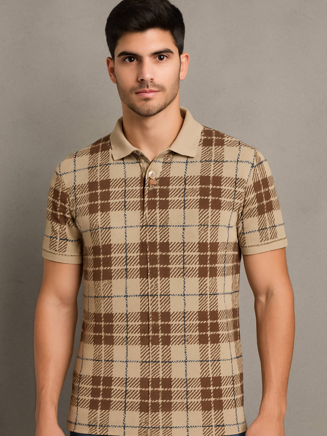     			AIN6 Men Polyester Regular Fit Checks Polo T Shirt ( Beige )