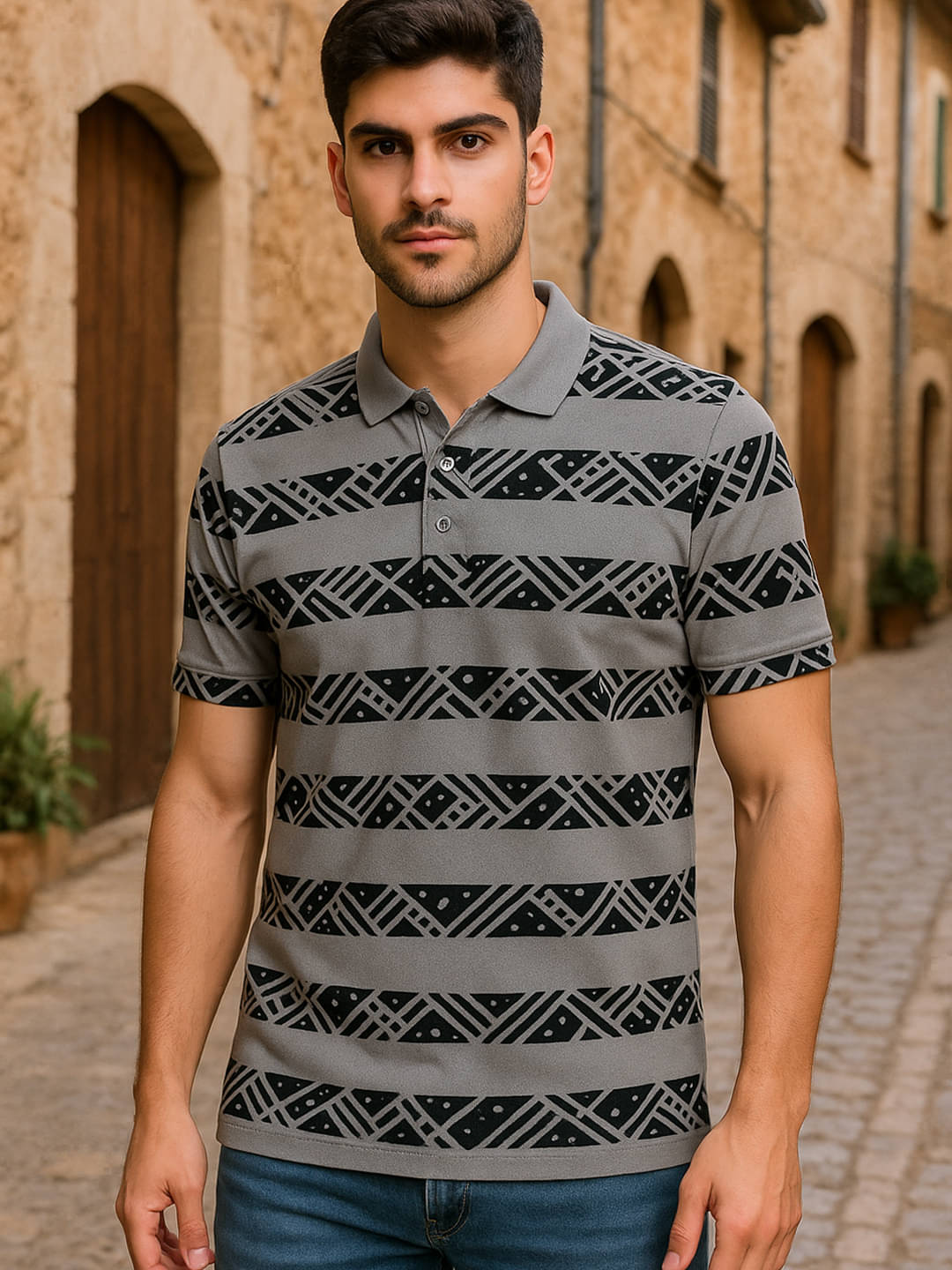 AIN6 Men Polyester Regular Fit Printed Polo T Shirt ( Grey ) AIN6 Men Polyester Regular Fit Printed Polo T Shirt ( Grey )