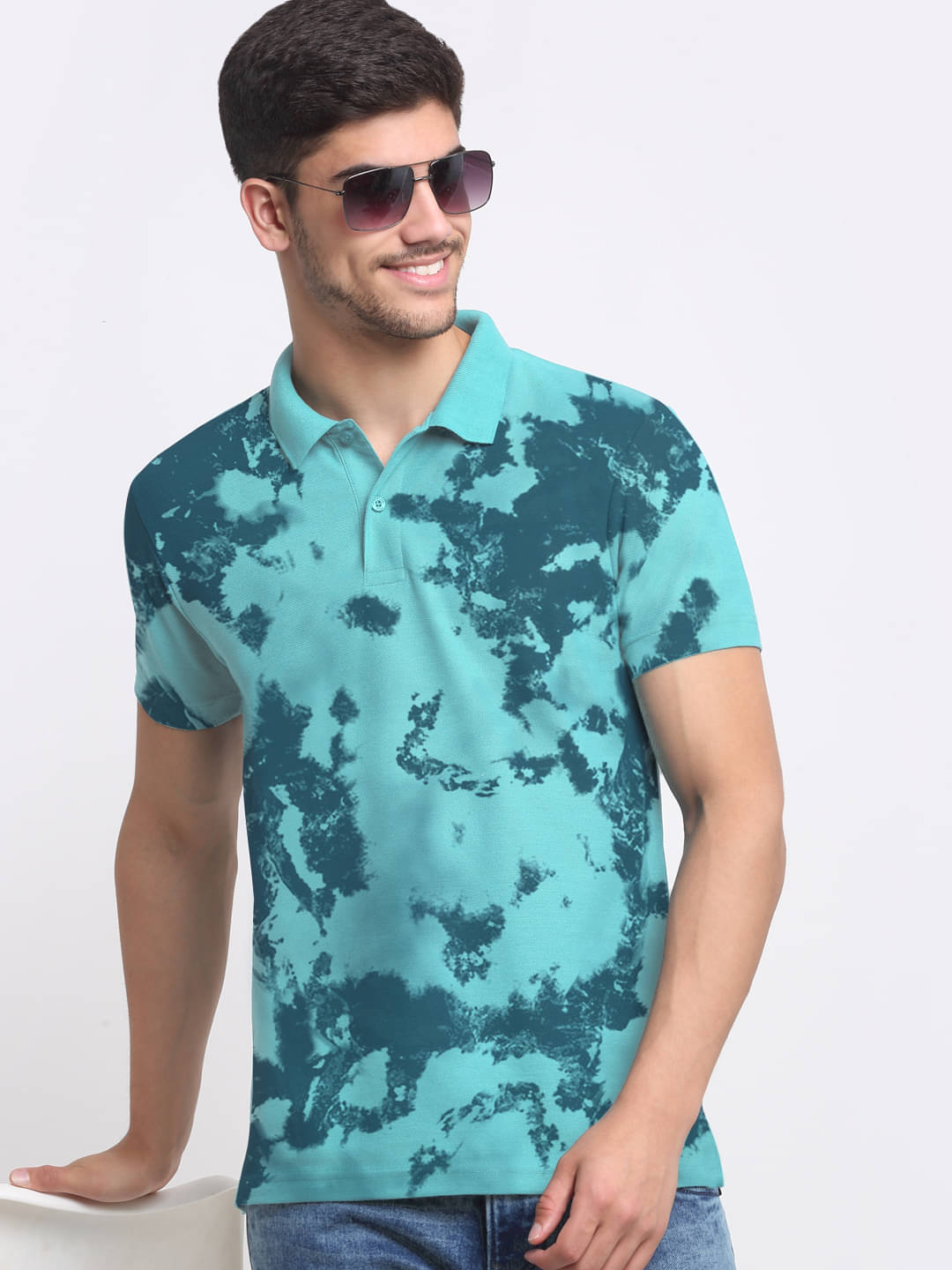 AIN6 Men Polyester Regular Fit Printed Polo T Shirt ( Aqua ) AIN6 Men Polyester Regular Fit Printed Polo T Shirt ( Aqua )