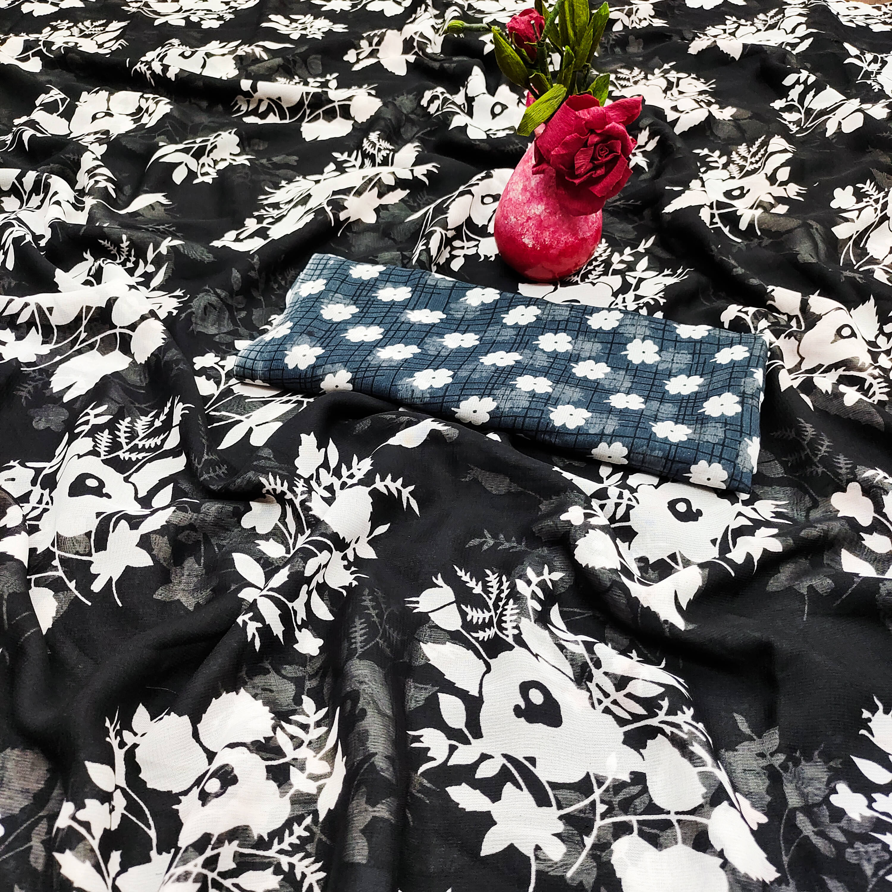 ANAND SAREES Georgette Printed Chanderi saree With Unstitched Blouse Piece ( Black ) ANAND SAREES Georgette Printed Chanderi saree With Unstitched Blouse Piece ( Black )