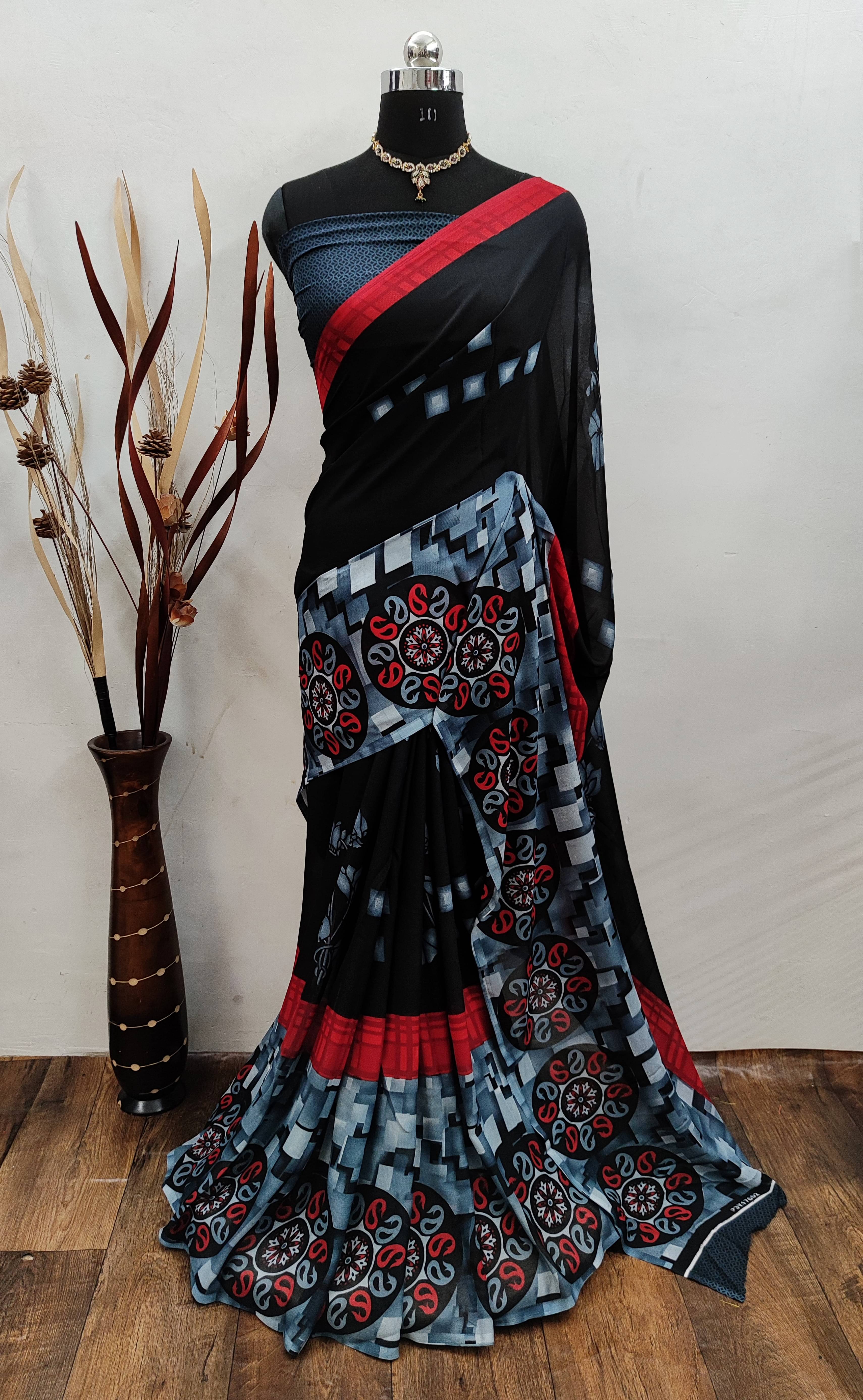 ANAND SAREES Georgette Printed Chanderi saree With Unstitched Blouse Piece ( Black ) ANAND SAREES Georgette Printed Chanderi saree With Unstitched Blouse Piece ( Black )