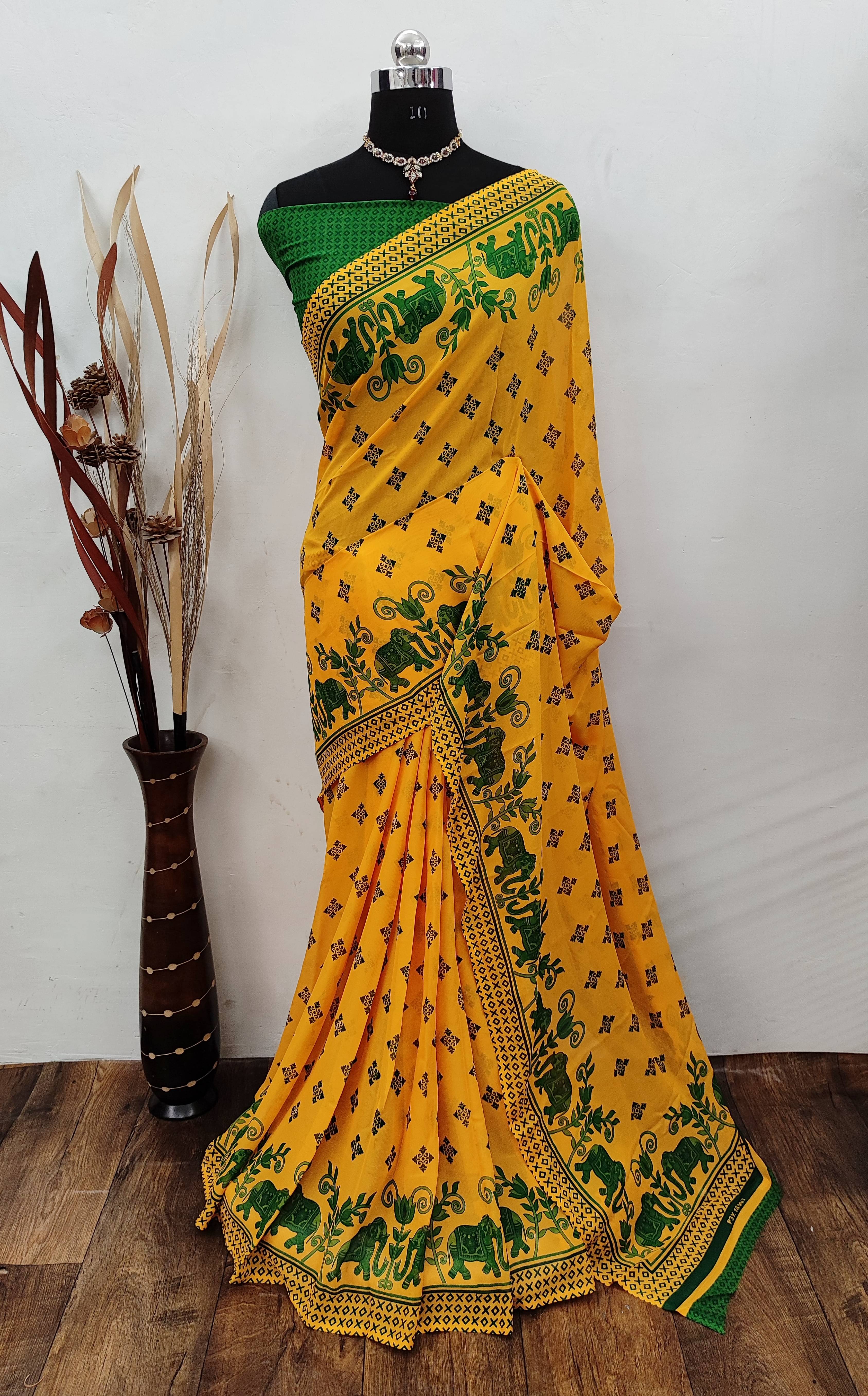 ANAND SAREES Georgette Printed Chanderi saree With Unstitched Blouse Piece ( Green ) ANAND SAREES Georgette Printed Chanderi saree With Unstitched Blouse Piece ( Green )