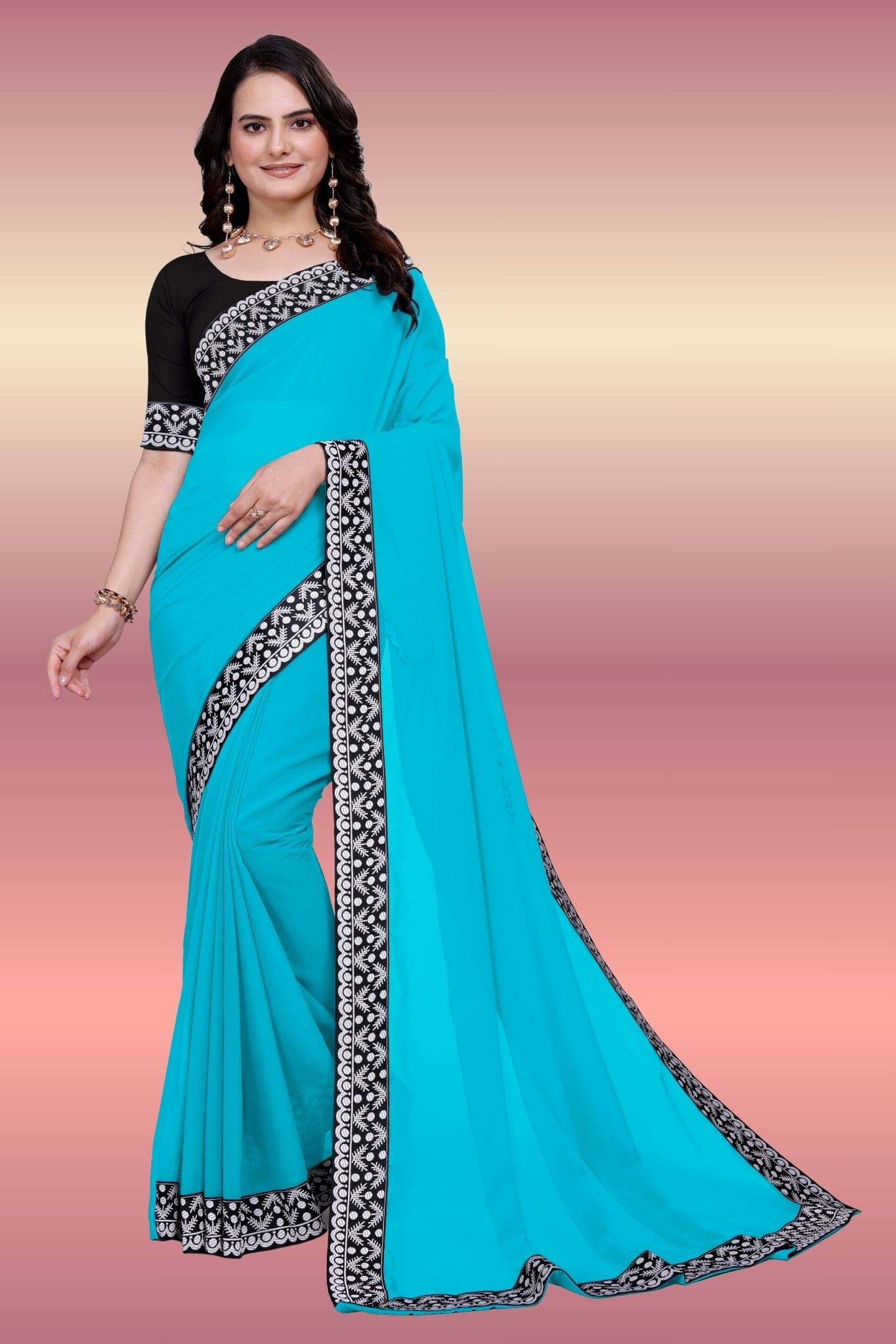 Aai Shree Khodiyar Georgette Self Design Banarasi saree With Unstitched Blouse Piece ( Sky Blue ) Aai Shree Khodiyar Georgette Self Design Banarasi saree With Unstitched Blouse Piece ( Sky Blue )