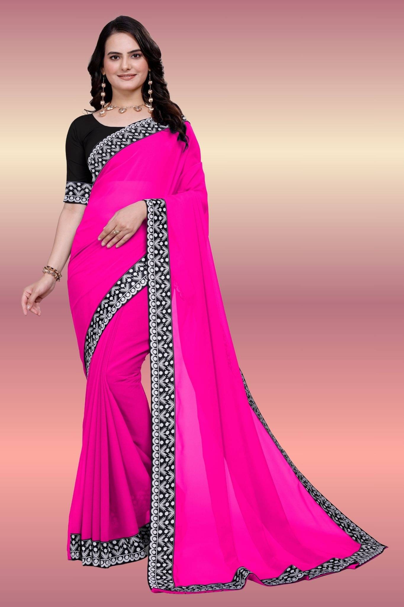 Aai Shree Khodiyar Georgette Self Design Banarasi saree With Unstitched Blouse Piece ( Rani )     			Aai Shree Khodiyar Georgette Self Design Banarasi saree With Unstitched Blouse Piece ( Rani )