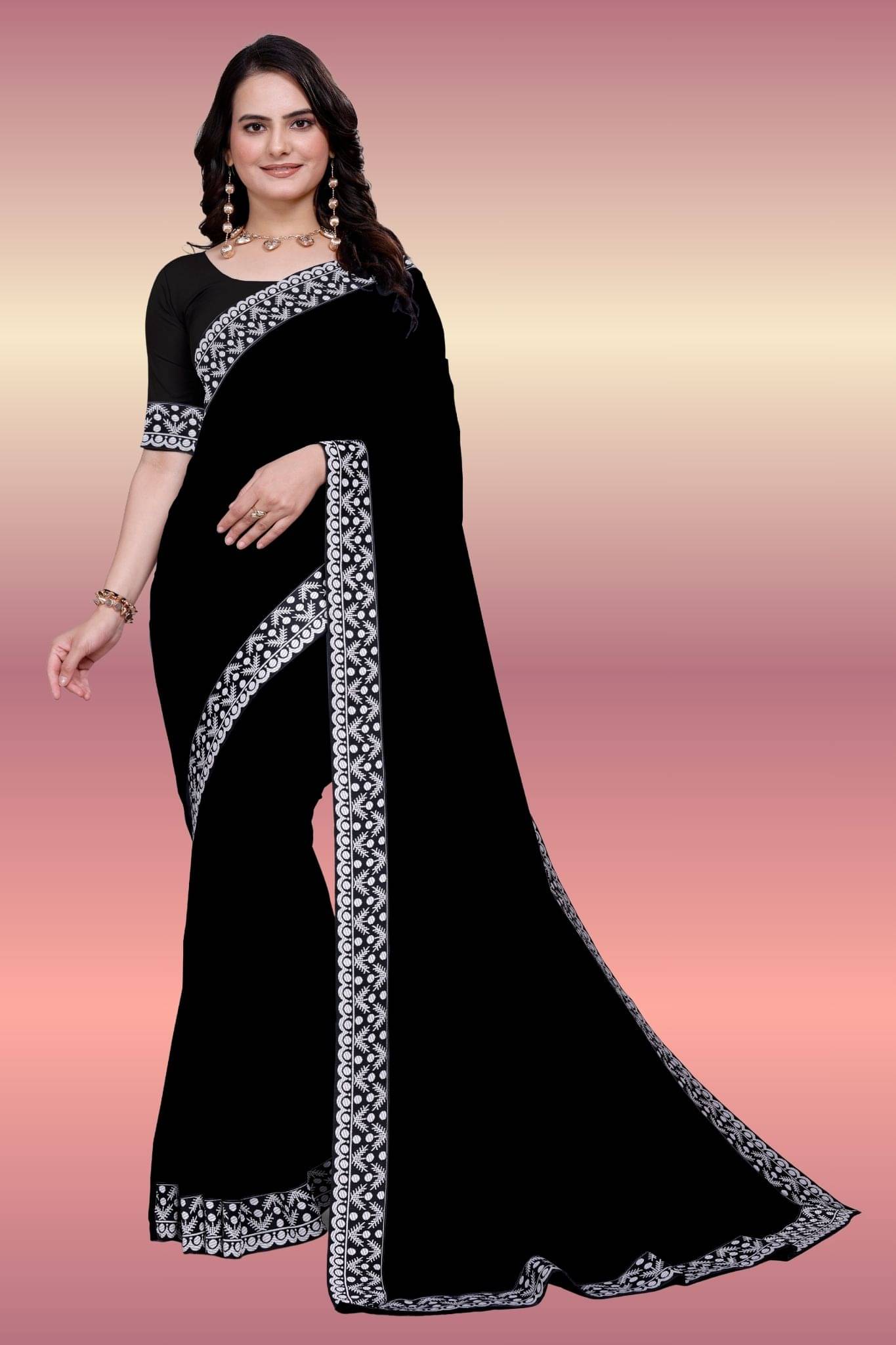 Aai Shree Khodiyar Georgette Self Design Banarasi saree With Unstitched Blouse Piece ( Black ) Aai Shree Khodiyar Georgette Self Design Banarasi saree With Unstitched Blouse Piece ( Black )