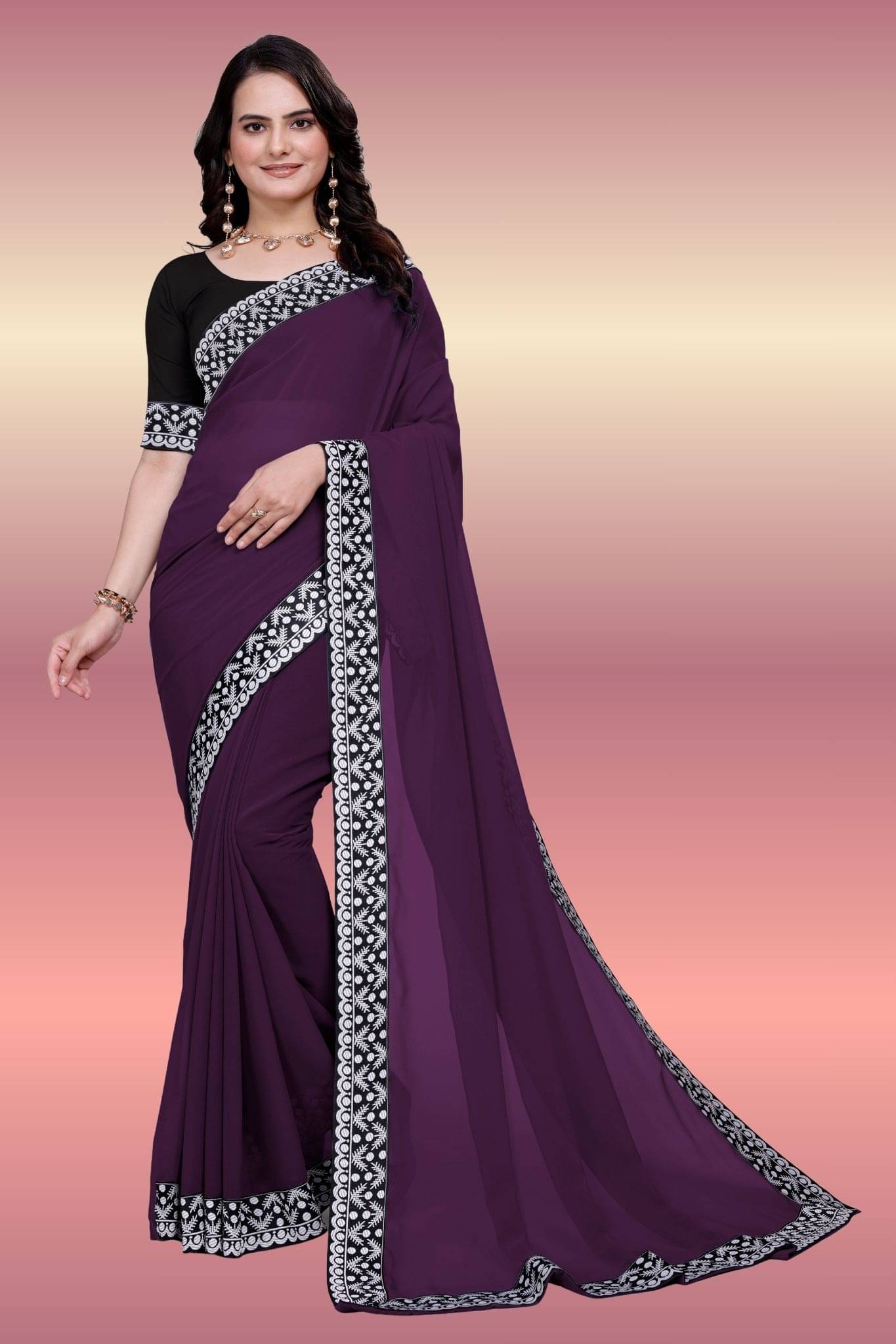     			Aai Shree Khodiyar Georgette Self Design Banarasi saree With Unstitched Blouse Piece ( Wine )