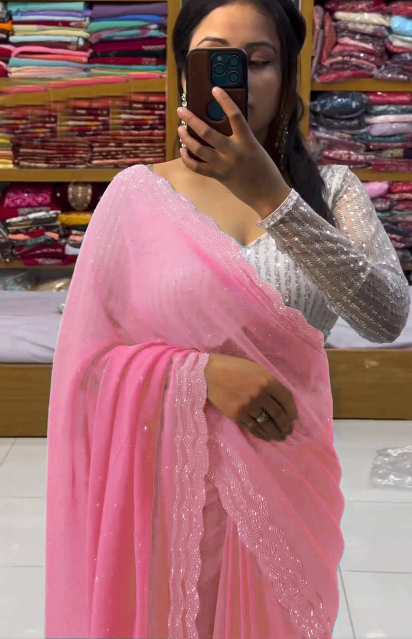     			Avenue Creation Georgette Solid Regular Saree With Unstitched Blouse Piece ( Pink )