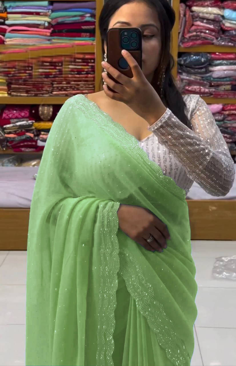 Avenue Creation Georgette Solid Regular Saree With Unstitched Blouse Piece ( Mint Green ) Avenue Creation Georgette Solid Regular Saree With Unstitched Blouse Piece ( Mint Green )