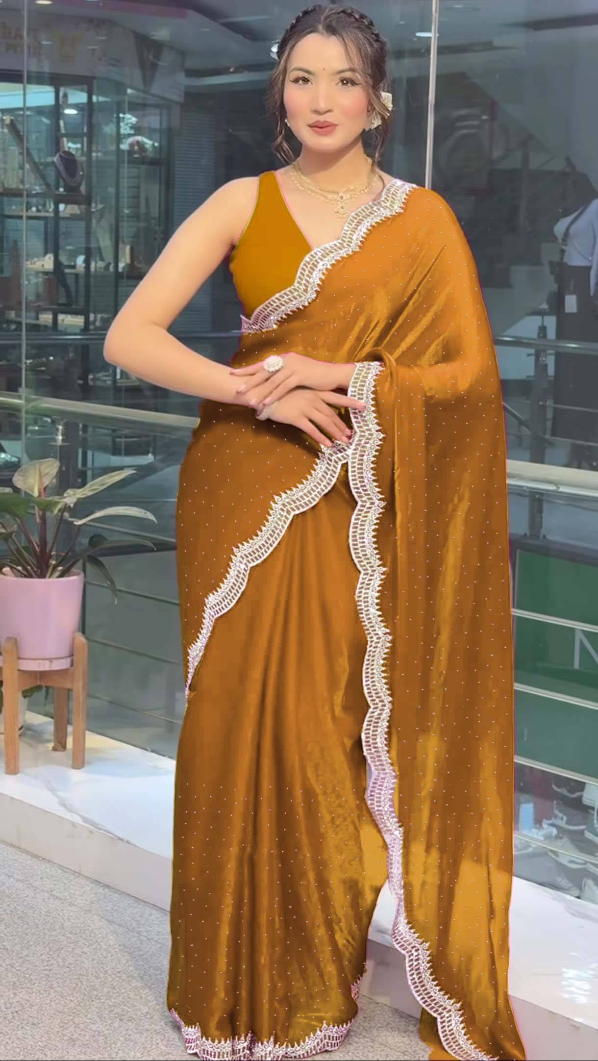 Avenue Creation Zimmy Choo Solid Regular Saree With Unstitched Blouse Piece ( Gold ) Avenue Creation Zimmy Choo Solid Regular Saree With Unstitched Blouse Piece ( Gold )