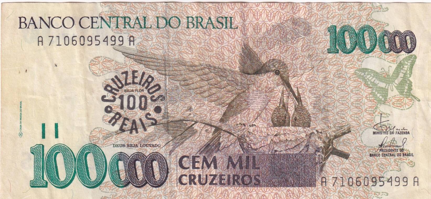    			BRASIL 100000 Cruzeiros RARE NOTE
