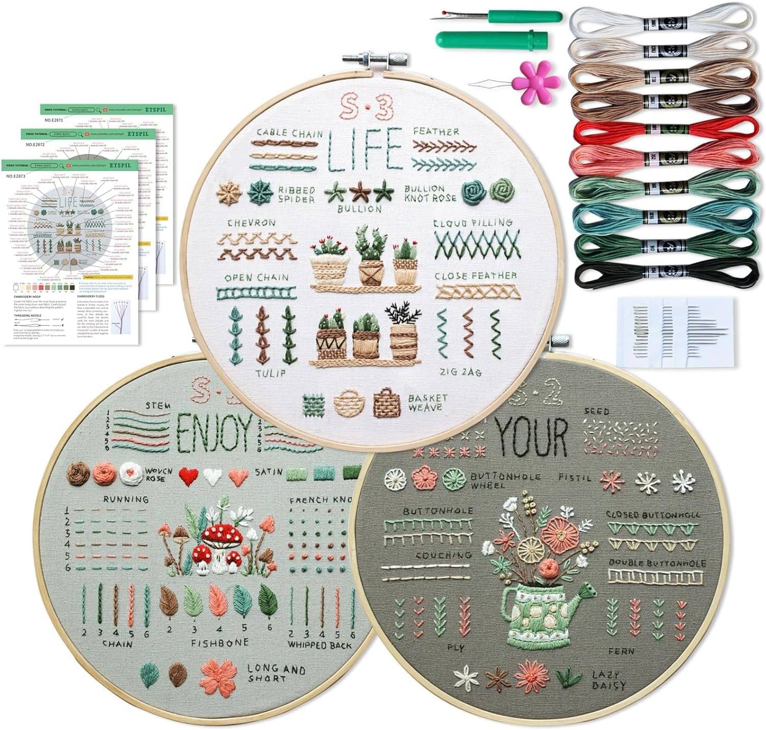     			CASSOWARY Embroidery Kit for Beginners, 3 Pack with Pre-Printed Patterns, 7.8-inch Hoop, 10 Colours Thread, 33 Basic Stitches, Instructions