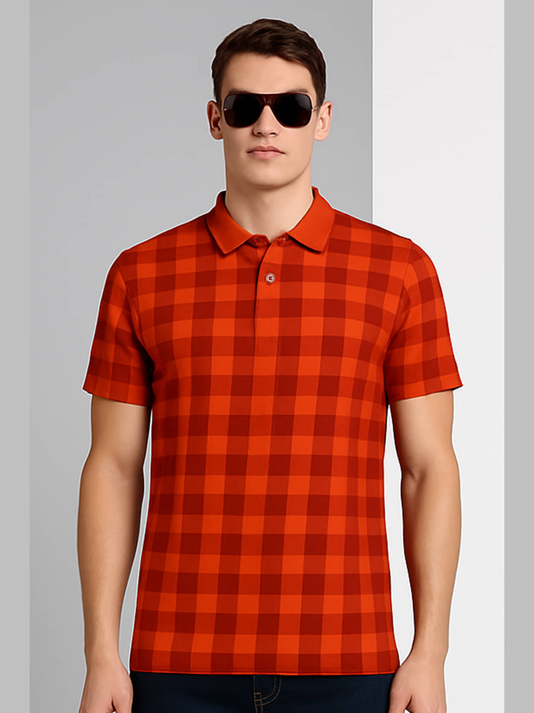 COCOSOUL Men Polyester Regular Fit Checks Polo T Shirt ( Rust ) COCOSOUL Men Polyester Regular Fit Checks Polo T Shirt ( Rust )