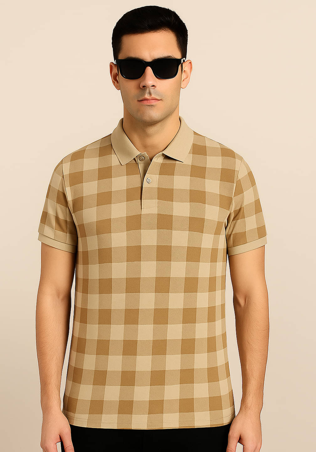 COCOSOUL Men Polyester Regular Fit Checks Polo T Shirt ( Beige ) COCOSOUL Men Polyester Regular Fit Checks Polo T Shirt ( Beige )