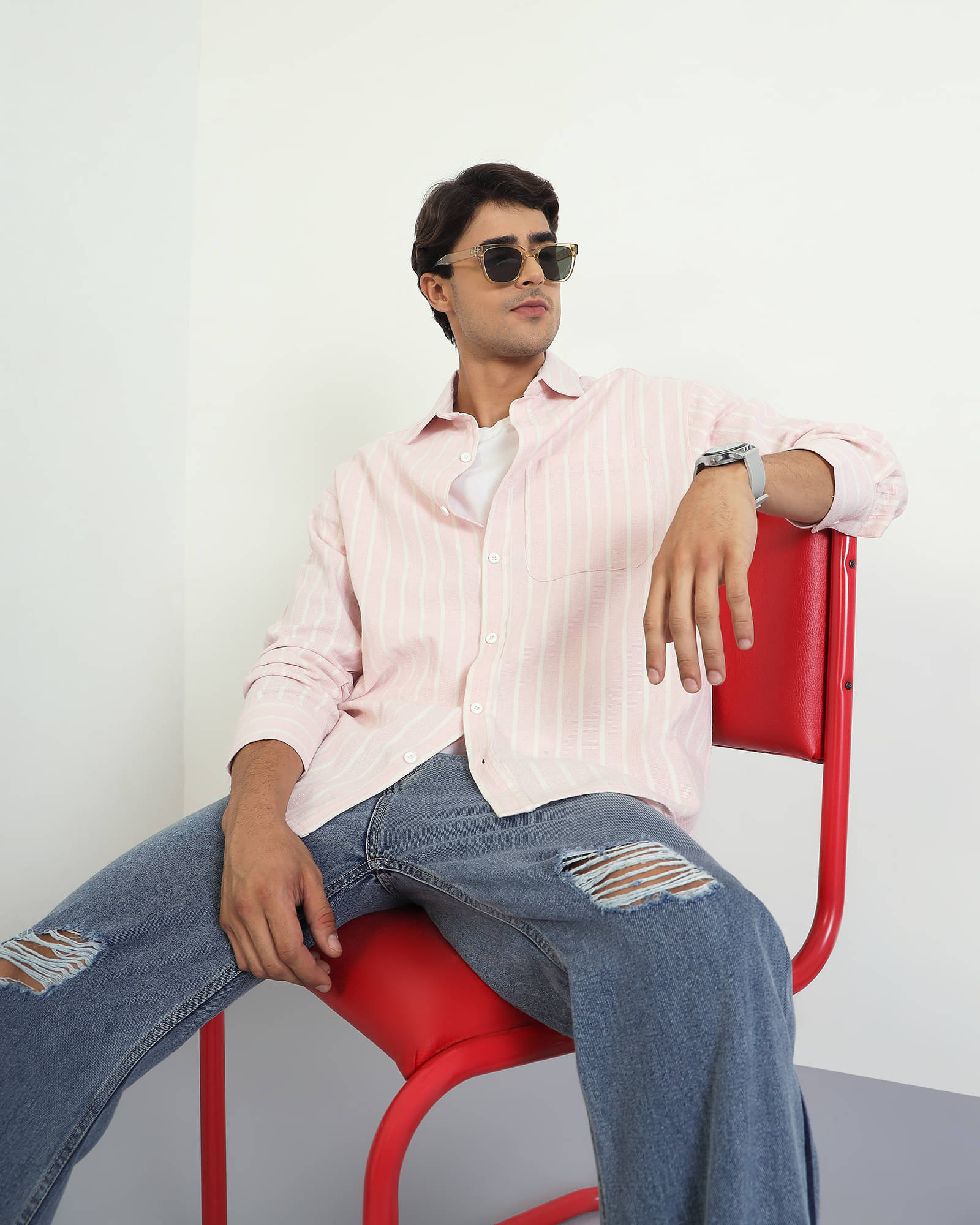     			Chimpaaanzee Cotton Blend Oversized Fit Striped Full Sleeves Men's Casual Shirt - Pink ( Pack of 1 )
