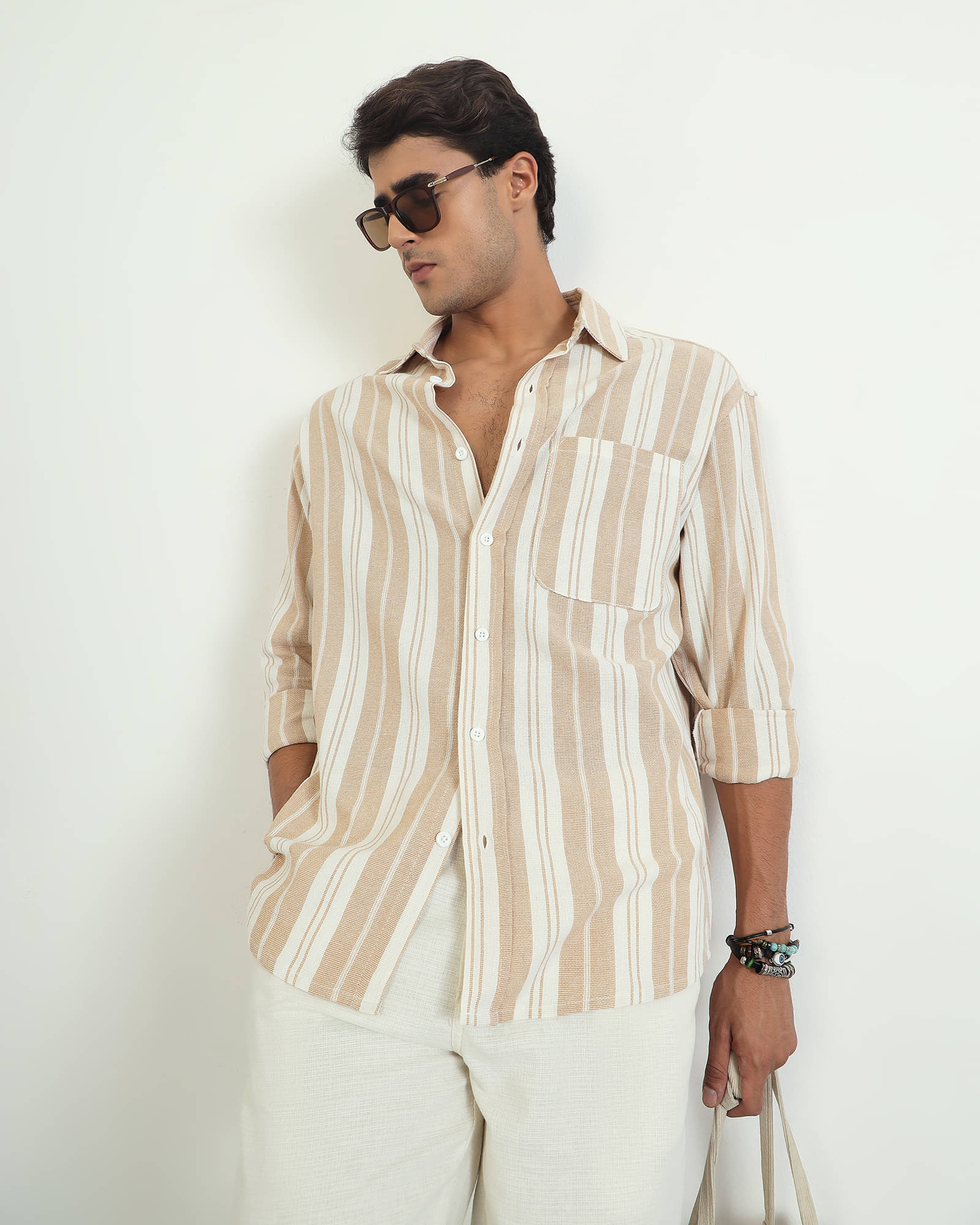     			Chimpaaanzee Cotton Blend Oversized Fit Striped Full Sleeves Men's Casual Shirt - Beige ( Pack of 1 )