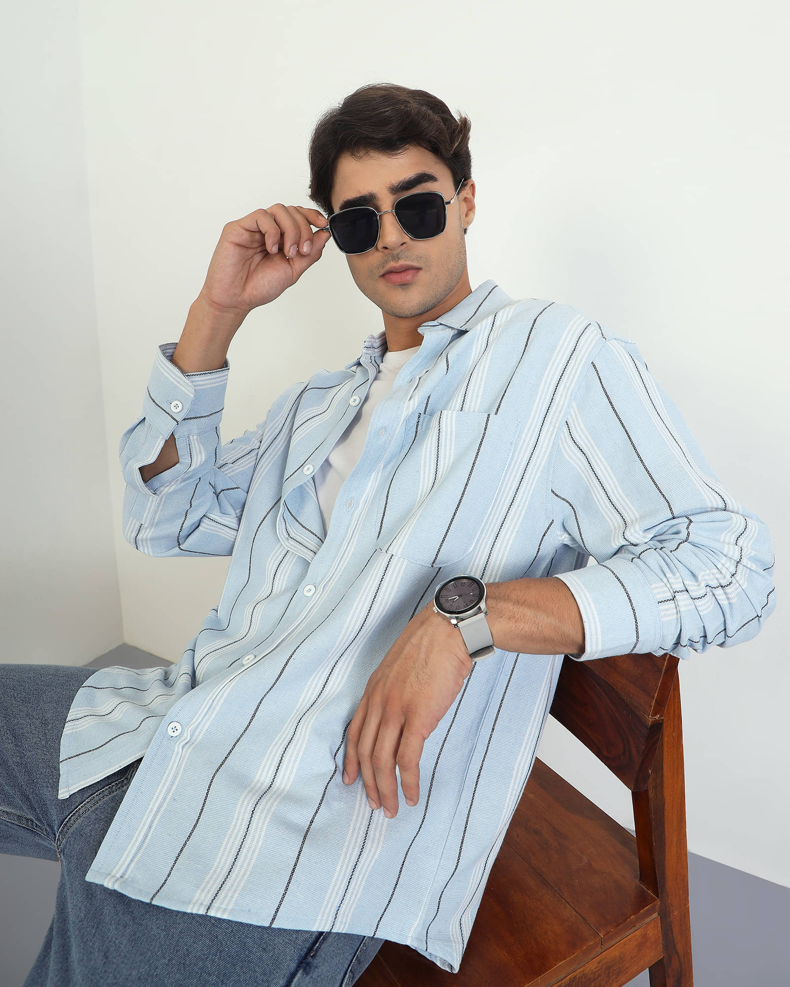 Chimpaaanzee Cotton Blend Oversized Fit Striped Full Sleeves Men's Casual Shirt - Light Blue ( Pack of 1 ) Chimpaaanzee Cotton Blend Oversized Fit Striped Full Sleeves Men's Casual Shirt - Light Blue ( Pack of 1 )