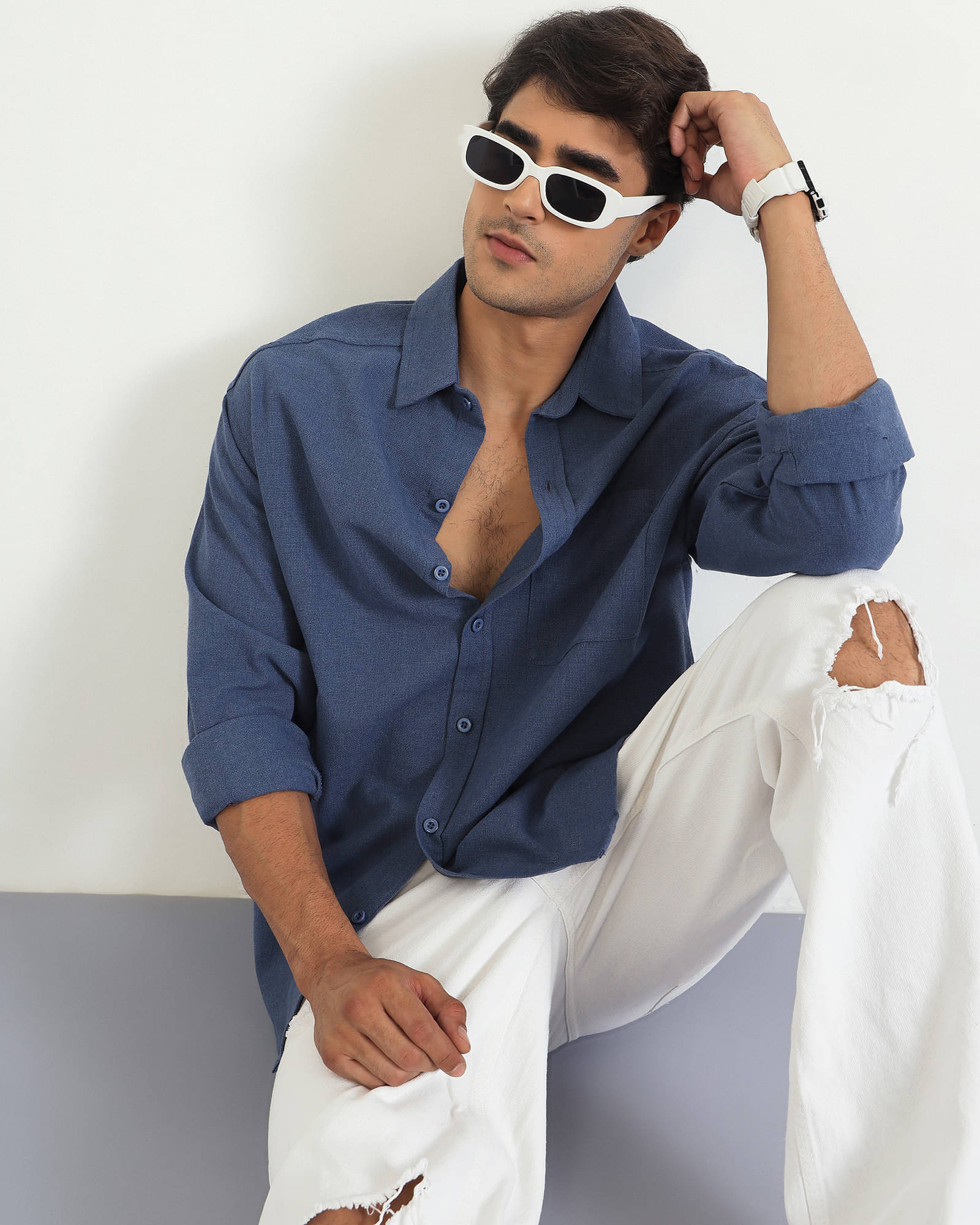 Chimpaaanzee Cotton Blend Oversized Fit Solids Full Sleeves Men's Casual Shirt - Blue ( Pack of 1 ) Chimpaaanzee Cotton Blend Oversized Fit Solids Full Sleeves Men's Casual Shirt - Blue ( Pack of 1 )
