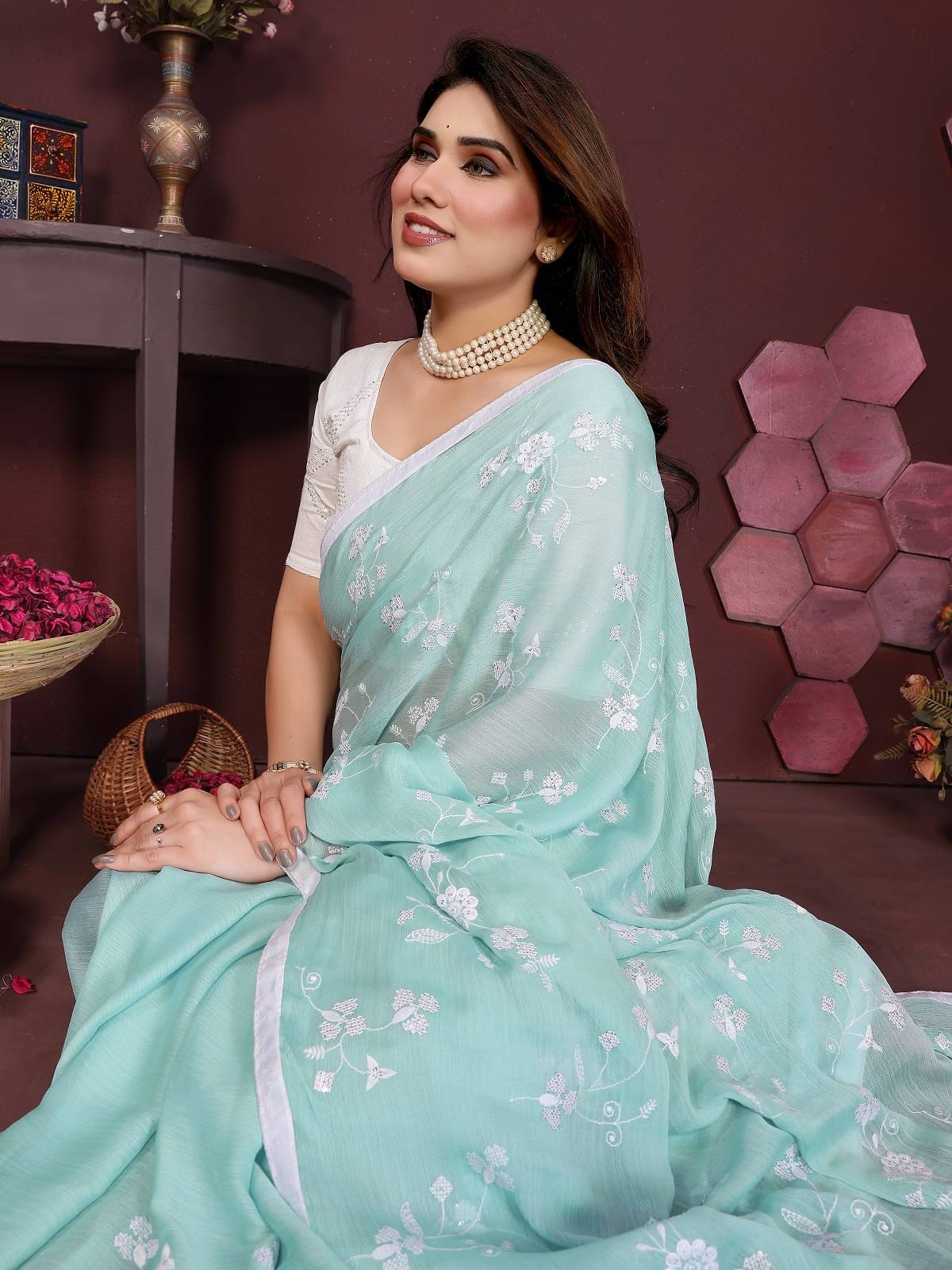     			Gazal Fashions Chiffon Embroidered Regular Saree With Unstitched Blouse Piece ( Sky Blue )