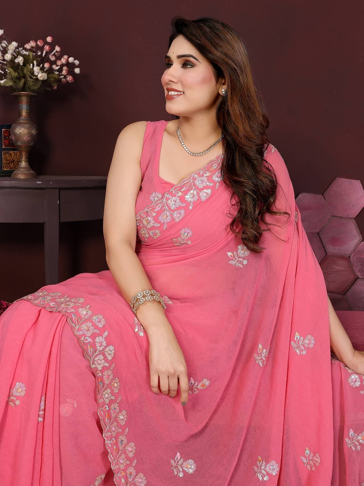 Gazal Fashions Georgette Embroidered Regular Saree With Unstitched Blouse Piece ( Peach ) Gazal Fashions Georgette Embroidered Regular Saree With Unstitched Blouse Piece ( Peach )