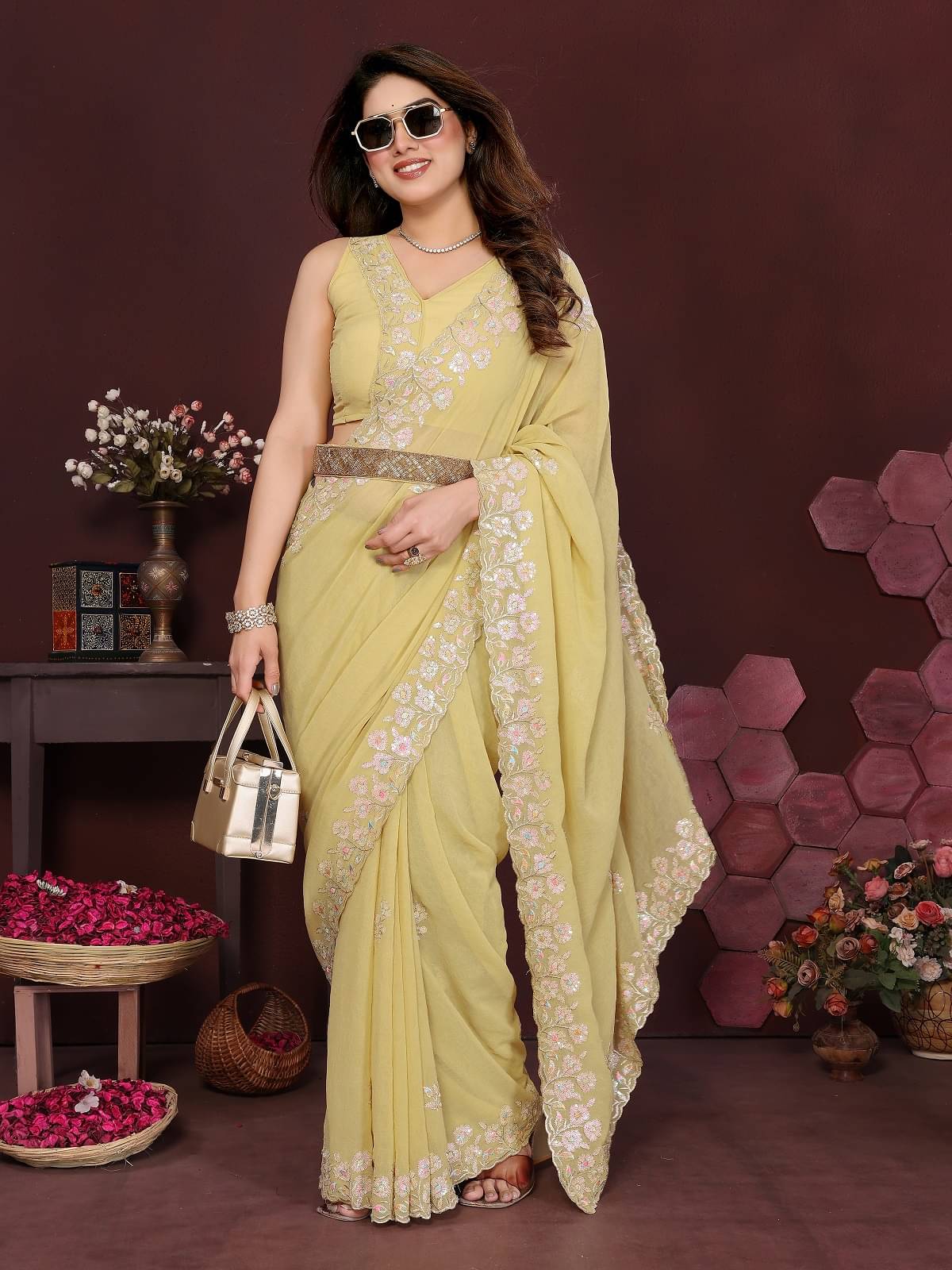     			Gazal Fashions Georgette Embroidered Regular Saree With Unstitched Blouse Piece ( Yellow )