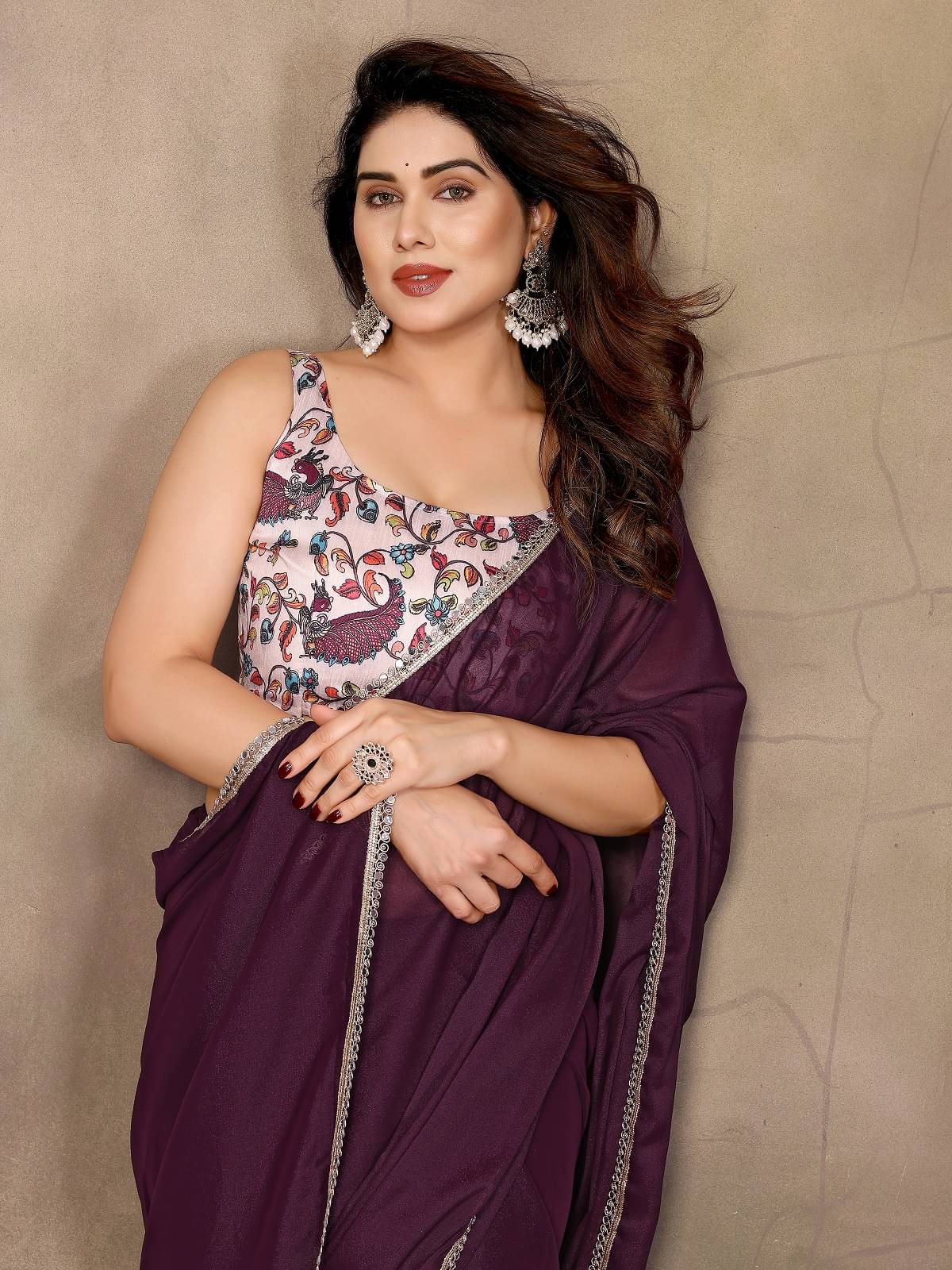     			Gazal Fashions Georgette Self Design Regular Saree With Unstitched Blouse Piece ( Purple )