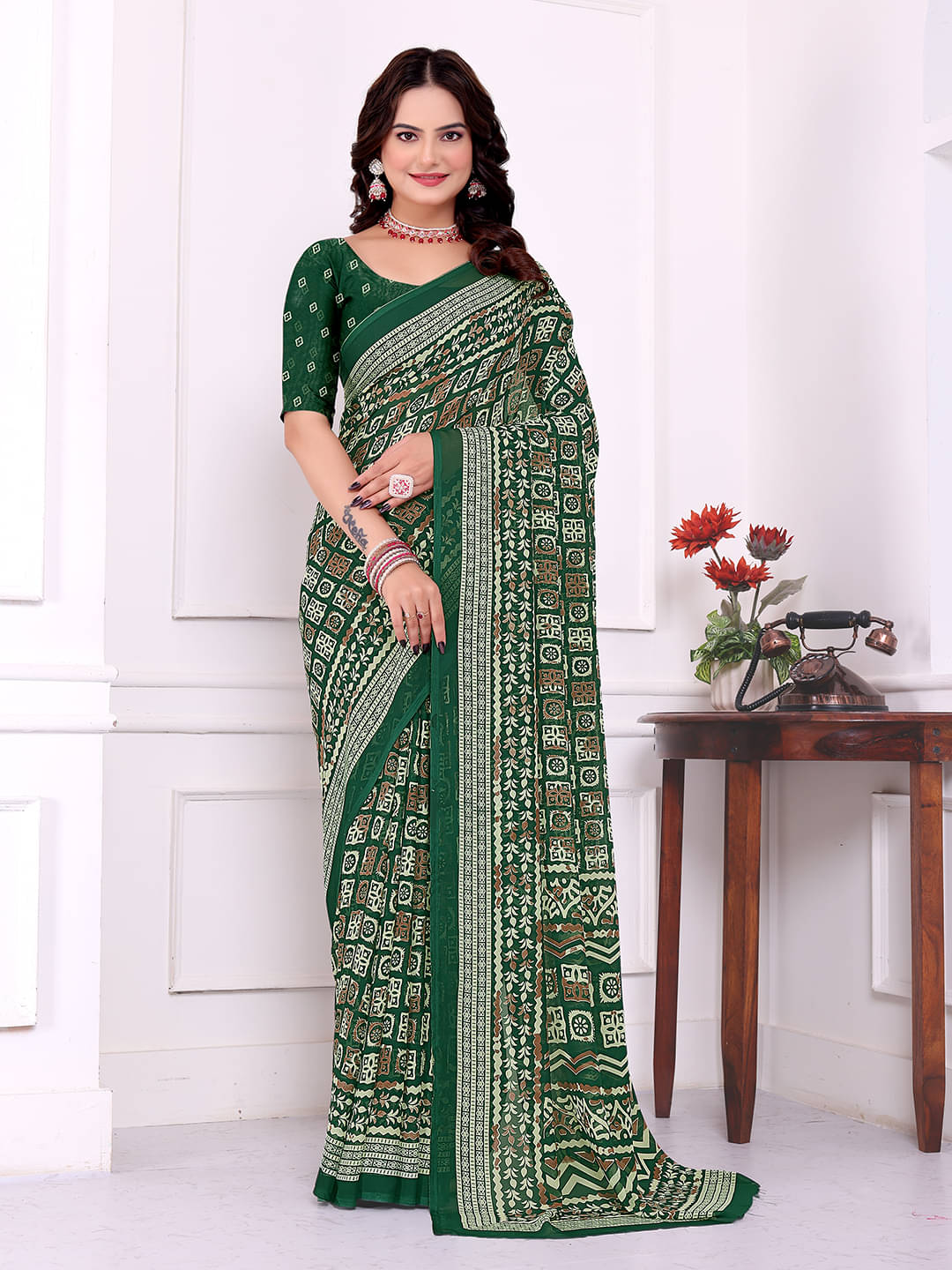 Kanooda Prints Georgette Printed Regular Saree With Unstitched Blouse Piece ( Green )     			Kanooda Prints Georgette Printed Regular Saree With Unstitched Blouse Piece ( Green )
