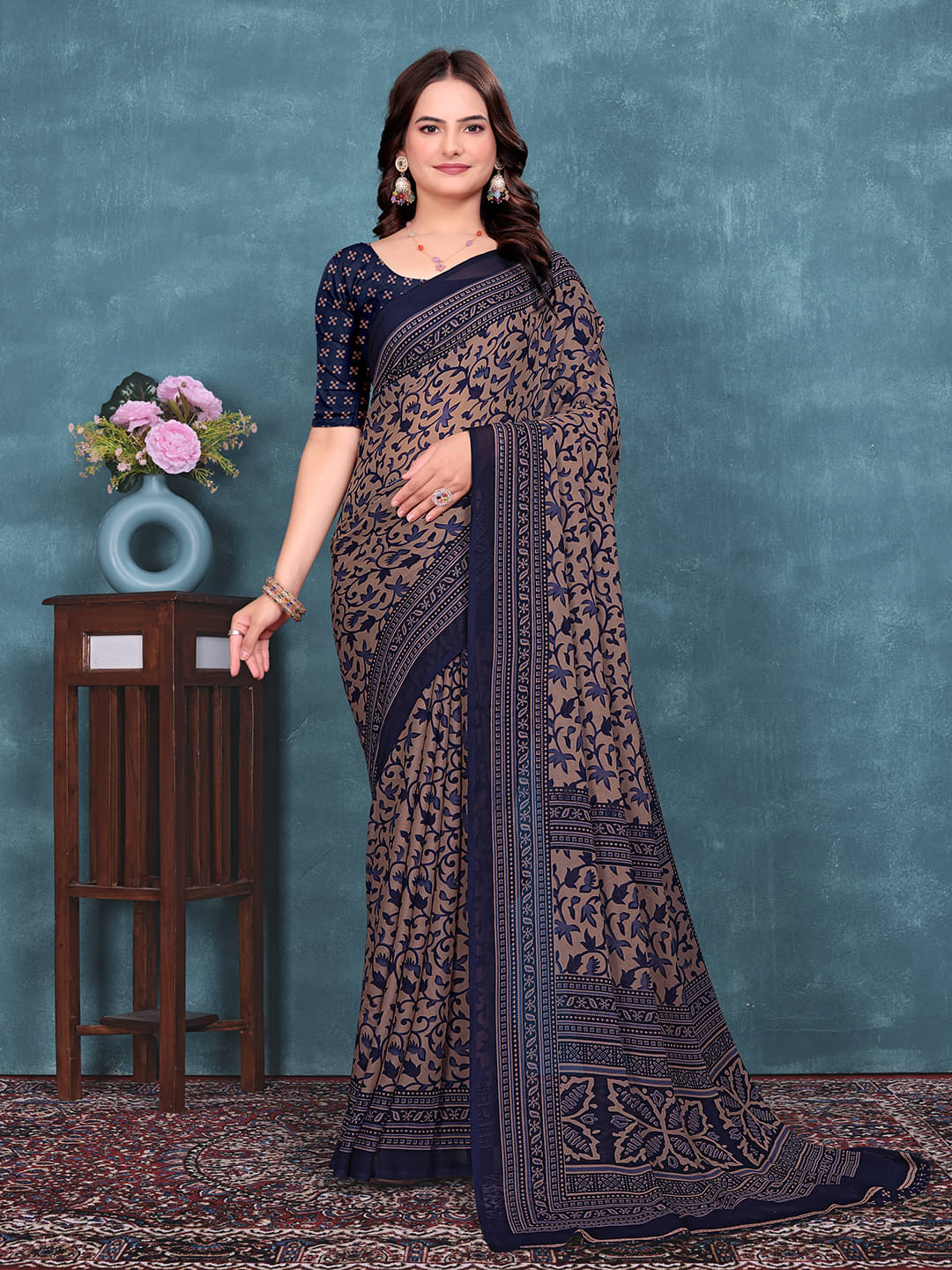     			Kanooda Prints Georgette Printed Regular Saree With Unstitched Blouse Piece ( Navy Blue )